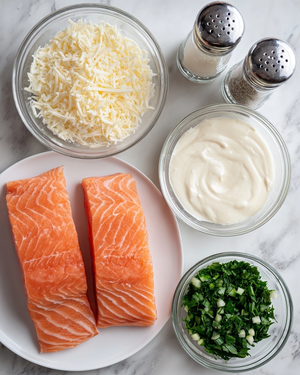 Two raw orange salmon fillets with visible white lines lie on a white plate in the bottom left corner. Above the plate, there are two clear glass bowls, one filled with white grated cheese and the other with a creamy white sauce. To the right of these bowls, two glass salt and pepper shakers with silver tops are placed side by side. Below the shakers, a clear glass bowl contains fresh green chopped herbs, while another clear bowl filled with finely chopped garlic is partially visible in the bottom right corner. All items are set on a white marbled surface. photo taken with an iphone --ar 4:5 --v 7