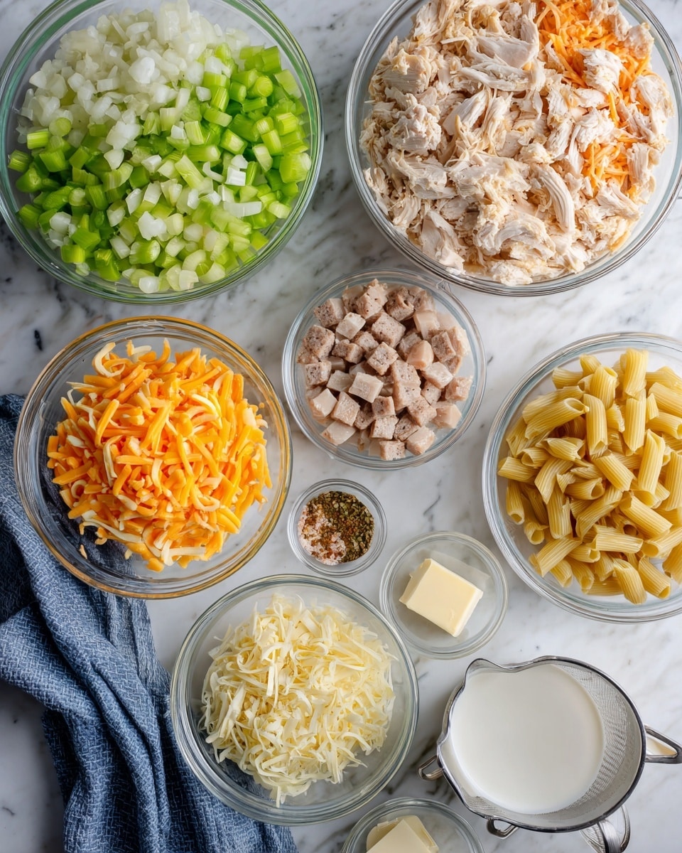 The image shows several clear glass bowls of different sizes arranged on a white marbled surface with a blue cloth. The largest bowl holds diced green celery, chopped white onions, and diced green peppers, each section clearly visible in layers. Next to it on the right is a large bowl filled with shredded orange and white cooked chicken pieces. There is a medium bowl containing mixed shredded yellow and white cheeses. Below these, there is a small bowl of finely chopped garlic and another small bowl of brown seasoning. Another bowl holds cubed cooked sausage pieces, and next to it is a bowl of grated pale yellow Parmesan cheese. At the bottom left, there is a small white dish with a stick of butter. There are glass measuring cups filled with a white liquid, likely cream, and a light broth near a stainless steel colander filled with cooked light brown pasta noodles. The entire arrangement is clean and bright, set on the white marbled surface. photo taken with an iphone --ar 4:5 --v 7