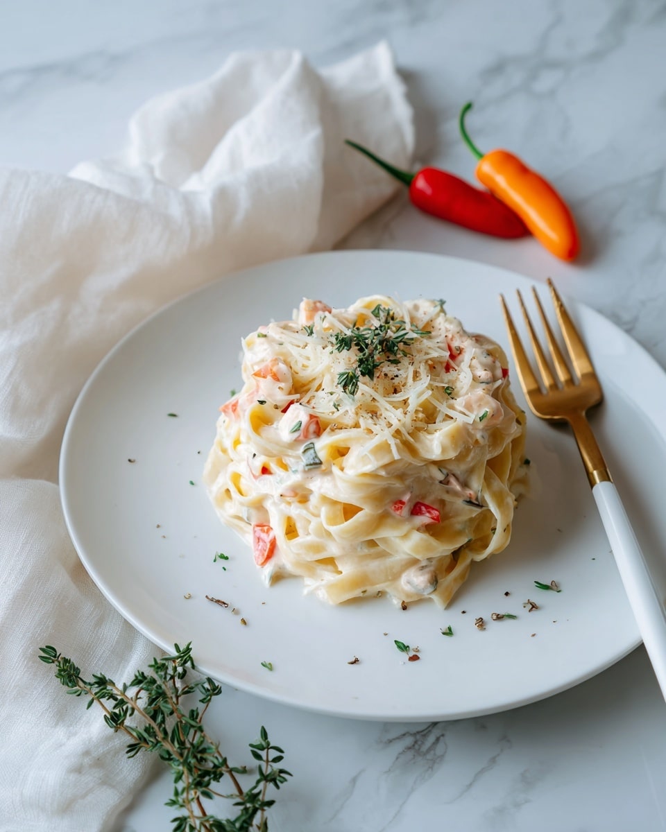 A white plate holds a serving of creamy yellow fettuccine pasta twisted into a loose pile with visible sauce coating the noodles. Small pieces of red pepper and green herbs are mixed throughout the pasta, with a light sprinkling of grated cheese on top. The plate is placed on a white marbled surface with scattered green herb sprigs nearby. Behind the plate, a beige cloth and two colorful peppers—one orange and one red—add subtle background detail. A white-handled fork with a gold-colored top rests on the surface to the right of the plate. Photo taken with an iphone --ar 4:5 --v 7