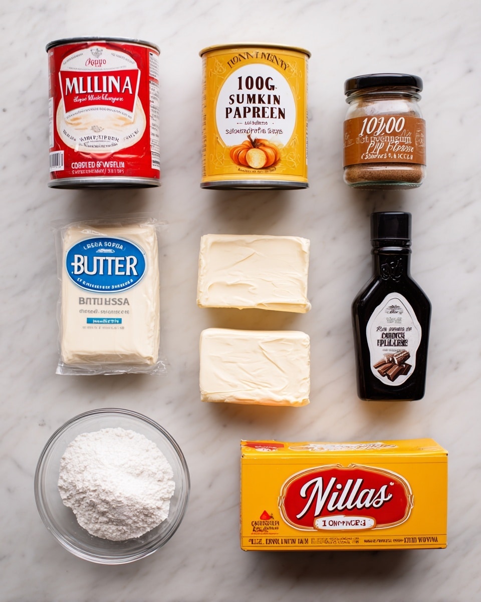 The image shows a set of baking ingredients arranged neatly on a white marbled surface. From top left to bottom right, there is a red and white can of sweetened condensed milk, a yellow can of 100% pure pumpkin, a small transparent jar of pumpkin pie spice with a black lid, and a small dark brown bottle of vanilla extract. Next, there are two white packs of Philadelphia cream cheese stacked on top of each other, a small block of butter with a blue