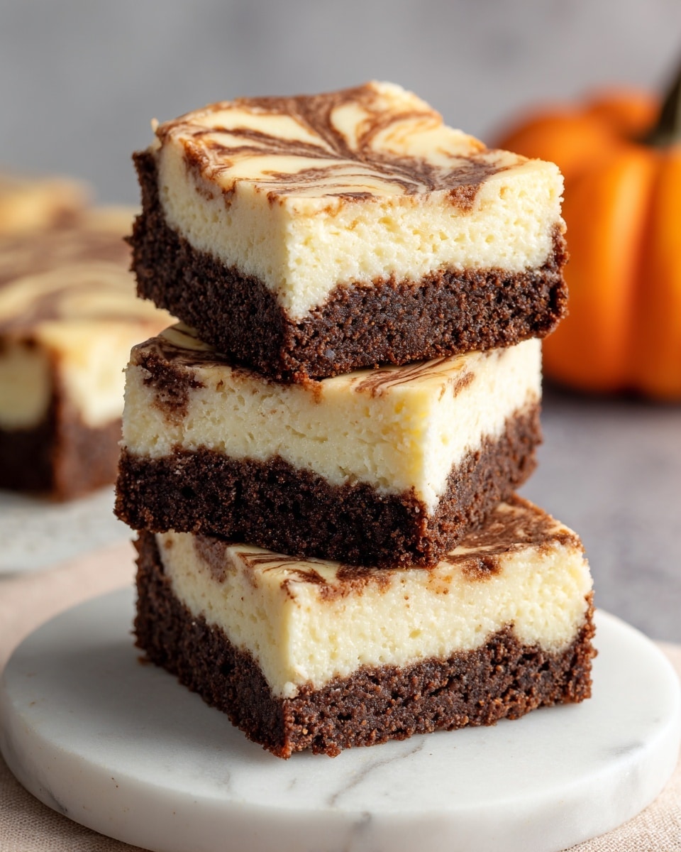 The image shows three square slices of a dessert with three clear layers on a white plate. The bottom layer is thin and dark brown with a crumbly texture, like a cookie crust. The middle layer is thick, creamy, and white, looking smooth and soft. The top layer is a mix of orange and white swirled together in a marbled pattern, thick and slightly textured. The slices are stacked, with one slice resting on top of the other two. The background is a white marbled texture, and there is a small pumpkin blurred in the background. Photo taken with an iphone --ar 4:5 --v 7