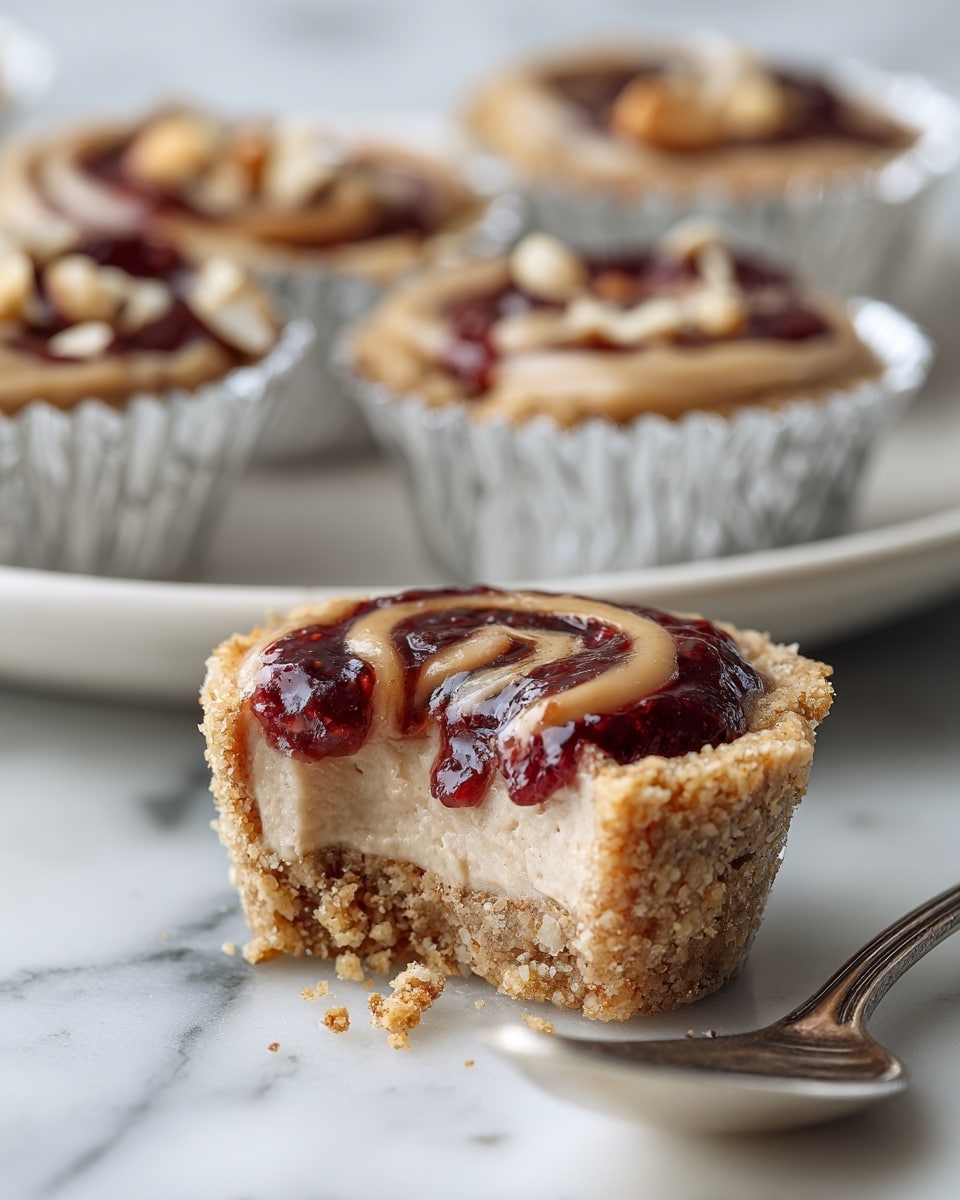 A small tart in a silver foil cup has three visible layers: the bottom layer is a crumbly light brown crust, the middle layer is a thick, creamy beige filling, and the top layer is a swirled mix of smooth beige cream with red berry sauce, decorated with a few whole light tan nuts. One tart has a bite taken out, showing the texture of the filling and crust. Several other similar tarts are seen blurred in the background on a white plate, all placed on a white marbled surface. Photo taken with an iphone --ar 4:5 --v 7