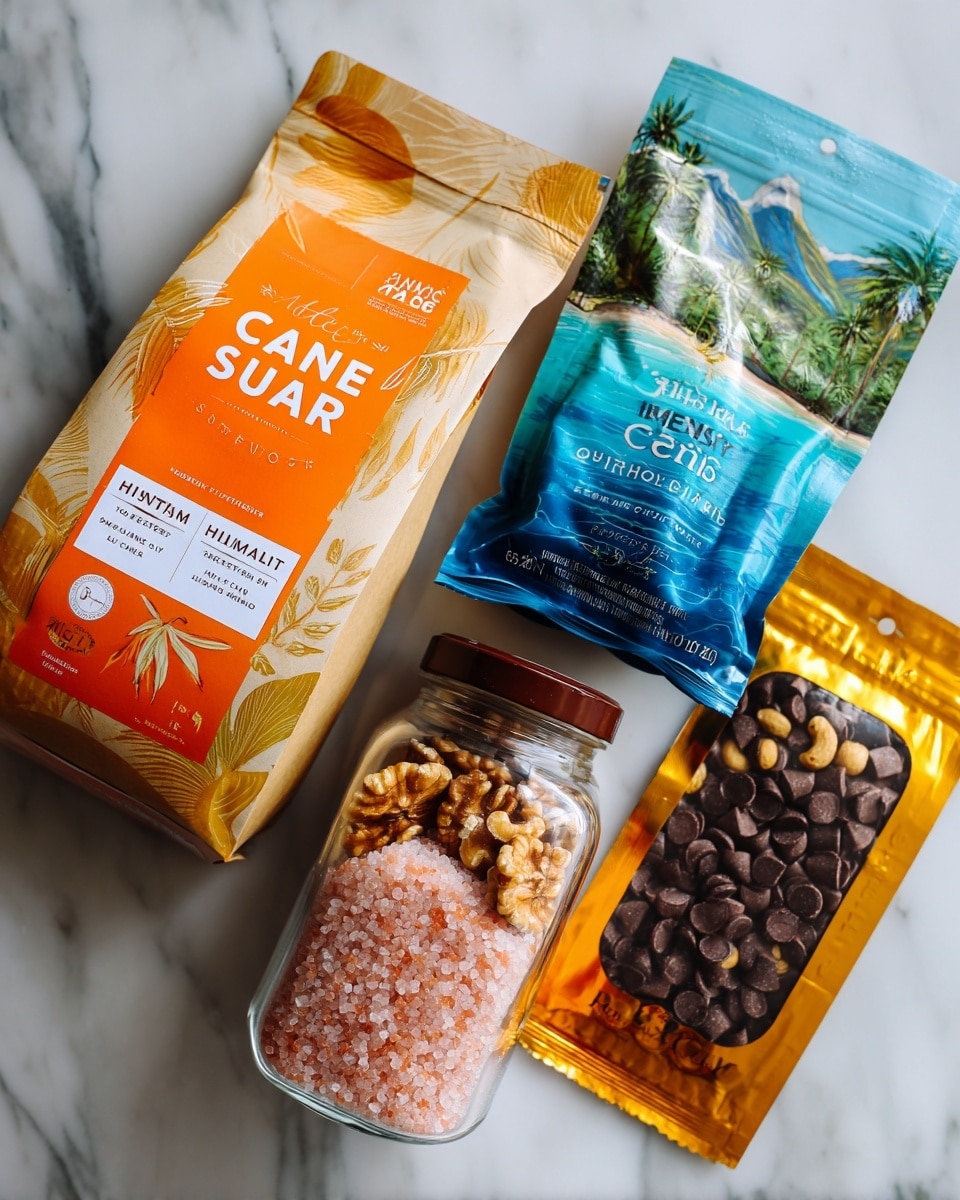 The image shows four cooking ingredients arranged on a white marbled surface: a large bag of golden brown cane sugar with an orange and beige design, a clear jar of pink Himalayan salt with a brown lid featuring a nature illustration on the label, a blue and green bag containing walnut halves and pieces, and a yellow-orange package of semisweet chocolate baking chips with dark blue writing. The items are placed close together, displaying their colorful and detailed packaging clearly. Photo taken with an iphone --ar 4:5 --v 7