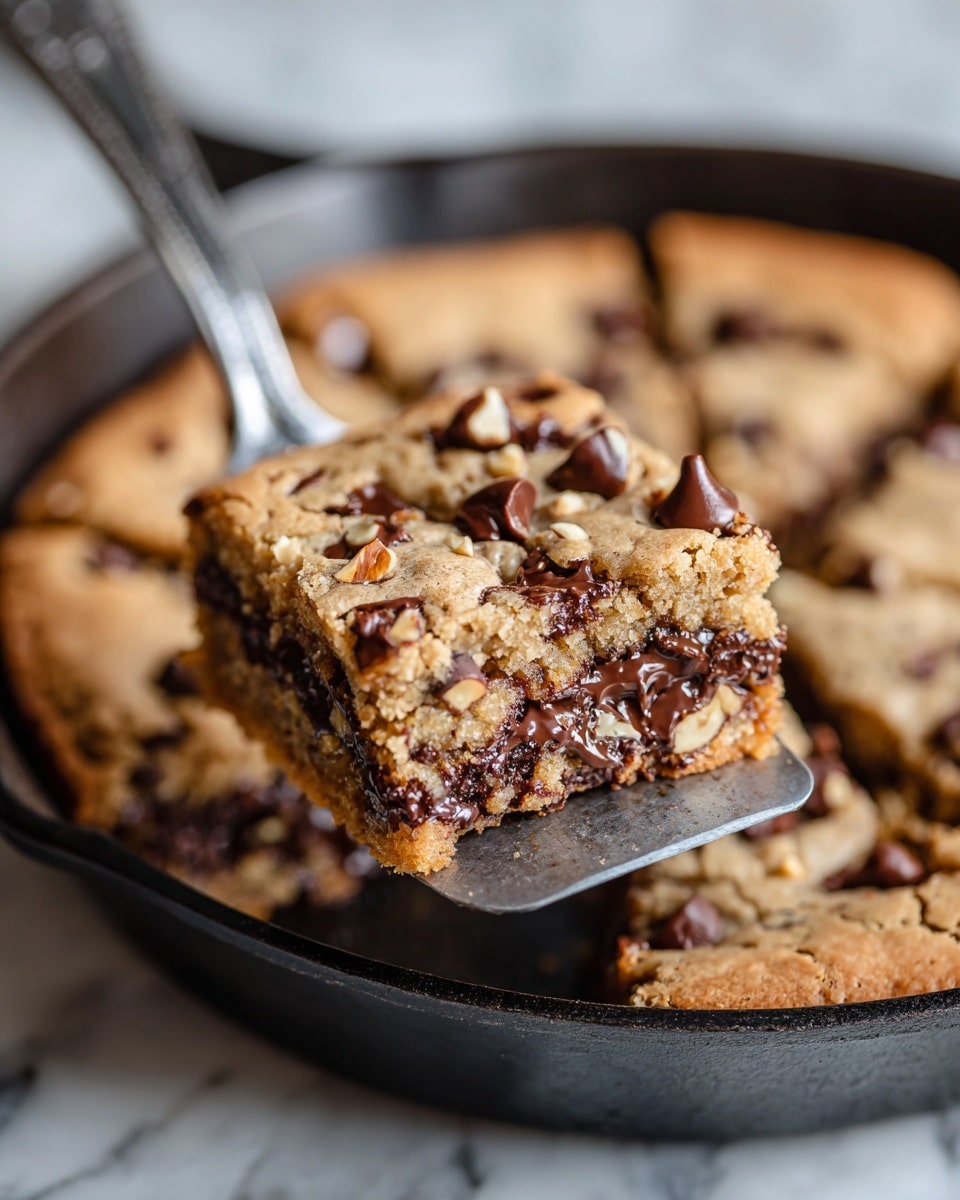 A thick square cookie bar is being lifted on a metal spatula from a black pan. The cookie bar has two visible layers: the top and side layer are light golden brown with a bumpy, soft texture, while the inner layer is filled with melted dark chocolate chunks mixed into the dough, showing a slightly gooey, rich texture. The black pan below contains the remaining cookie bars with a similar light golden brown color and a soft, uneven surface. The background is a white marbled surface. Photo taken with an iphone --ar 4:5 --v 7