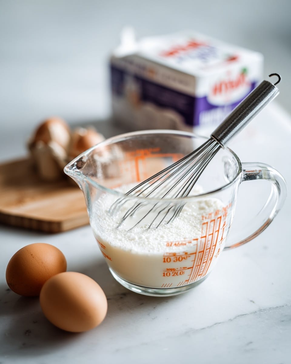 A clear glass measuring cup filled halfway with a white foamy liquid, with orange measurement markings visible on the surface, a metal whisk inside the cup is partially submerged. In front and to the right of the cup, there are three light brown eggs with smooth shells resting on a light wooden surface. In the background, slightly blurred, there is a carton of Organic Valley Half & Half with purple and white colors and a white cap. The whole scene is set on a white marbled surface. photo taken with an iphone --ar 4:5 --v 7