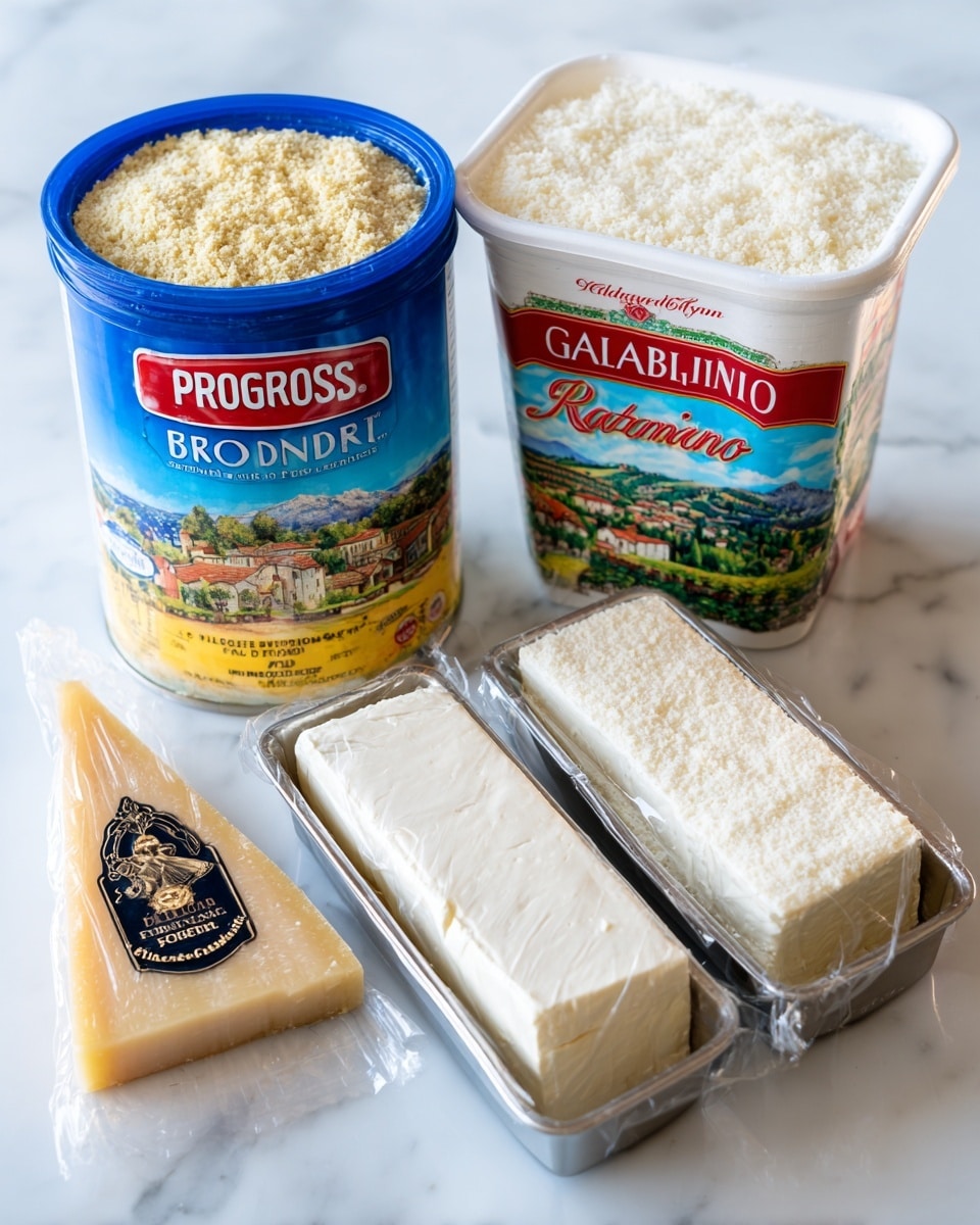 The image shows four food items placed on a white marbled surface. In the back left, there is a tall blue container of Progresso bread crumbs with a yellow label. Next to it on the right is a large white tub of Galbani ricotta cheese with a red and green label showing a countryside scene. In front of these two containers are two silver rectangular blocks of Philadelphia original cream cheese, placed side by side on the right. On the left front corner, there is a wedge of Parmigiano Reggiano Parmesan cheese with a clear plastic covering and a black and gold label. photo taken with an iphone --ar 4:5 --v 7