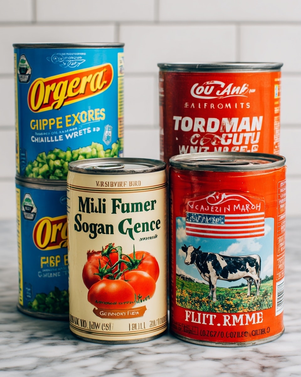 The image shows four cans arranged on a white marbled surface with a white tiled wall in the background. On the left side, there are two blue cans stacked vertically, each with a bright yellow and orange