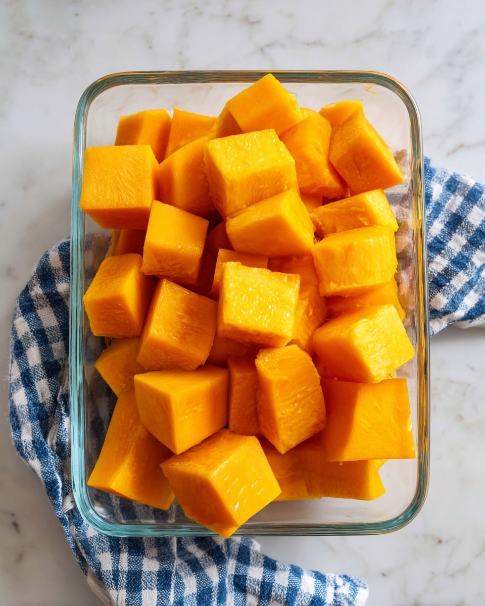 The image shows a clear rectangular container filled with many large cubes of orange and yellow pieces, likely pumpkin or squash, with smooth and slightly shiny surfaces. The container is placed on a white marbled textured surface with a blue and white checkered cloth partially visible under it. The cubes are stacked loosely and fill the container fully, showing different shades of warm orange and yellow in a natural, fresh state. photo taken with an iphone --ar 4:5 --v 7