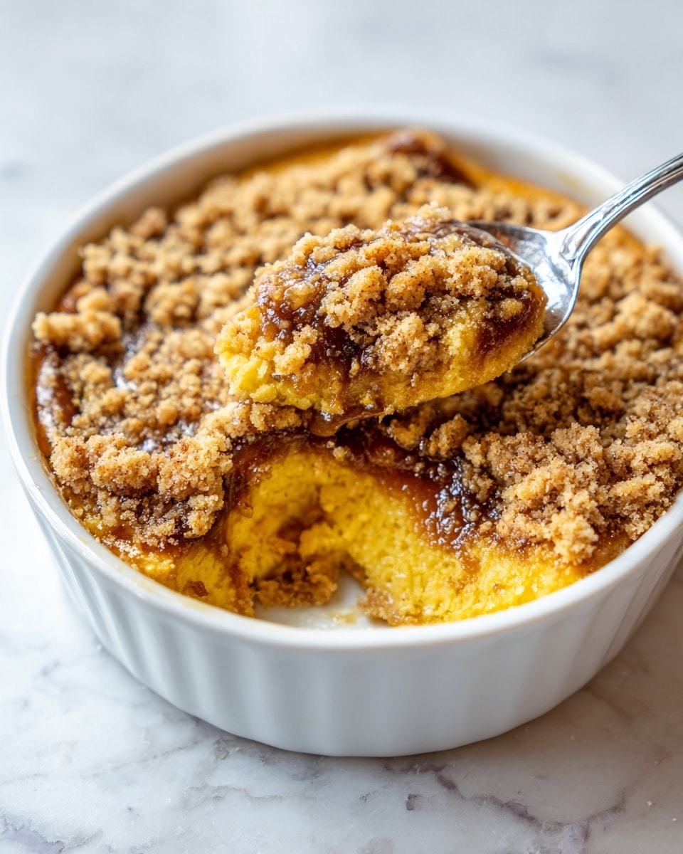 A close-up view of a white round dish filled with a baked dessert. The dessert has two visible layers: a thick, smooth, bright yellow base layer and a crumbly, rough top layer that is brown with a reddish tint, resembling a cinnamon-sugar crust. A silver spoon is scooping a portion from the side, showing the yellow layer underneath and a thick crumb topping clinging to the scoop. The dish is placed on a white marbled surface, and a small part of a plaid cloth in yellow and green is visible at the corner. photo taken with an iphone --ar 4:5 --v 7