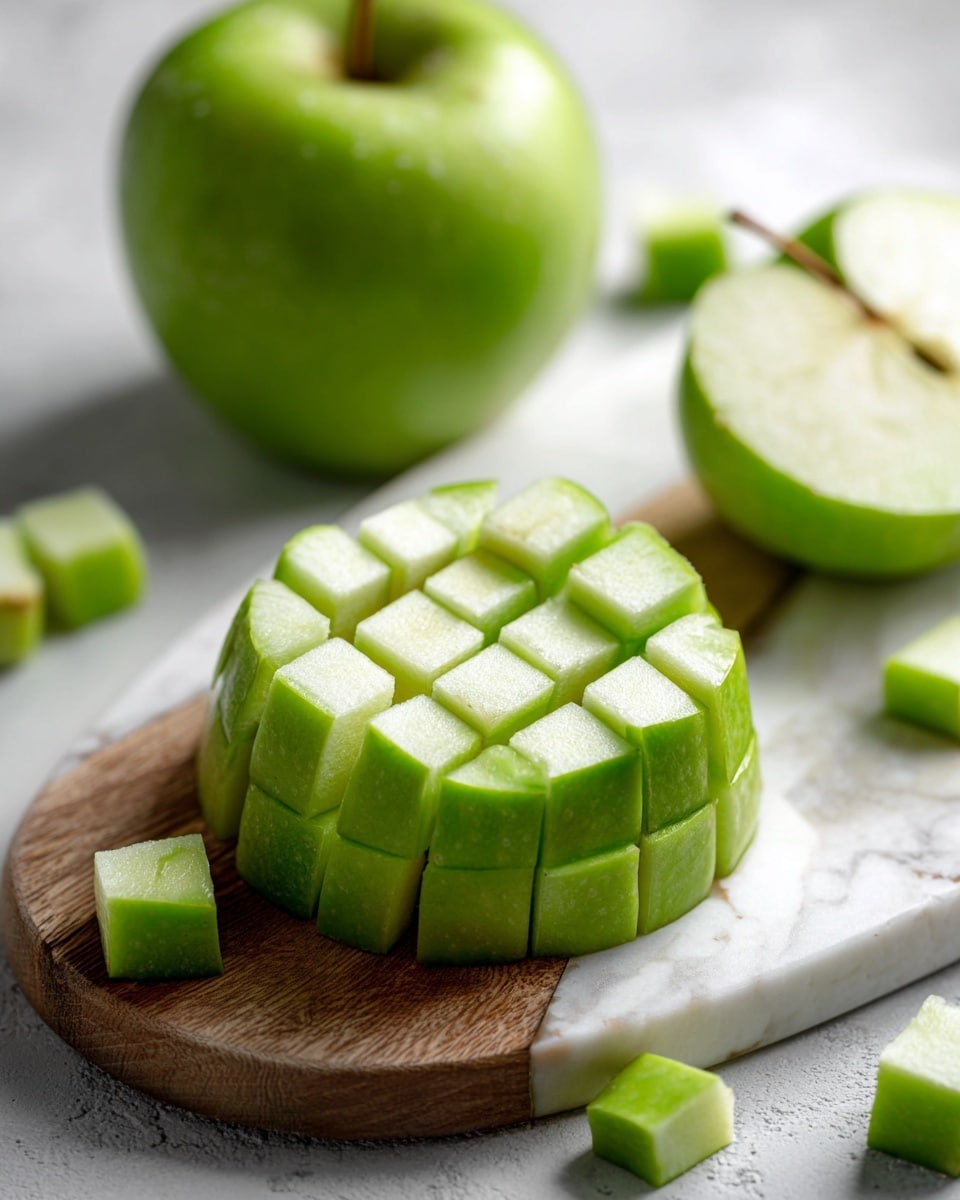 A sliced green apple is shown on a wooden board with a white marbled texture underneath. The apple is cut into a grid pattern, creating small square pieces that still hold the apple's shape. The upper half of the apple is resting in the background, showing its smooth light green skin and pale flesh inside, while the bottom half is sliced through but still together. Several small square apple pieces are placed loosely around the main sliced part. Photo taken with an iphone --ar 4:5 --v 7