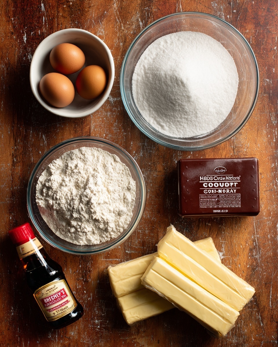 A collection of baking ingredients is arranged on a brown wooden surface with a white marbled texture. At the top center, a glass bowl filled with white sugar shows a smooth, fine texture. Below it is another glass bowl containing white flour with a slightly uneven surface. To the left, a small white bowl holds four brown eggs. Next to it at the top left, a small bottle of pure vanilla extract has a red cap and a label with red and white colors. To the right of the flour bowl, a rectangular dark brown container of Hershey's cocoa powder sits upright, showing its label. At the bottom right corner, two wrapped sticks of Grade AA butter, pale yellow in color with black text, lie side by side. photo taken with an iphone --ar 4:5 --v 7