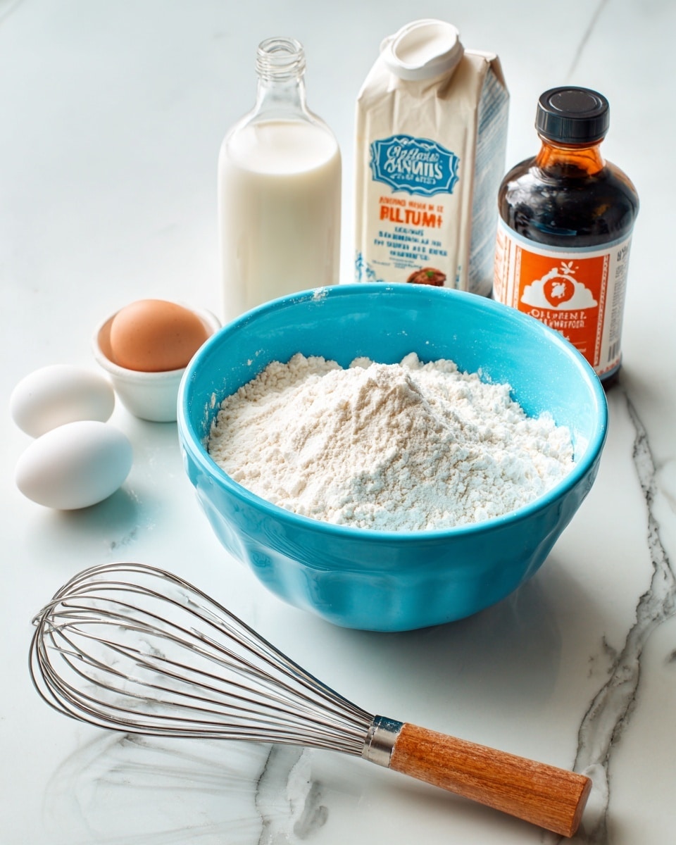 A bright blue mixing bowl filled with white flour is placed on a white marbled surface. In front of the bowl lies a metal whisk with a wooden handle. Behind the bowl, there are two white eggs, a white carton of organic milk labeled with a blue and orange logo, a bottle of pure vanilla extract with a dark liquid inside, and a white container of baking powder with red and black details. The scene is well-lit and organized, showing the key ingredients for baking. Photo taken with an iphone --ar 4:5 --v 7