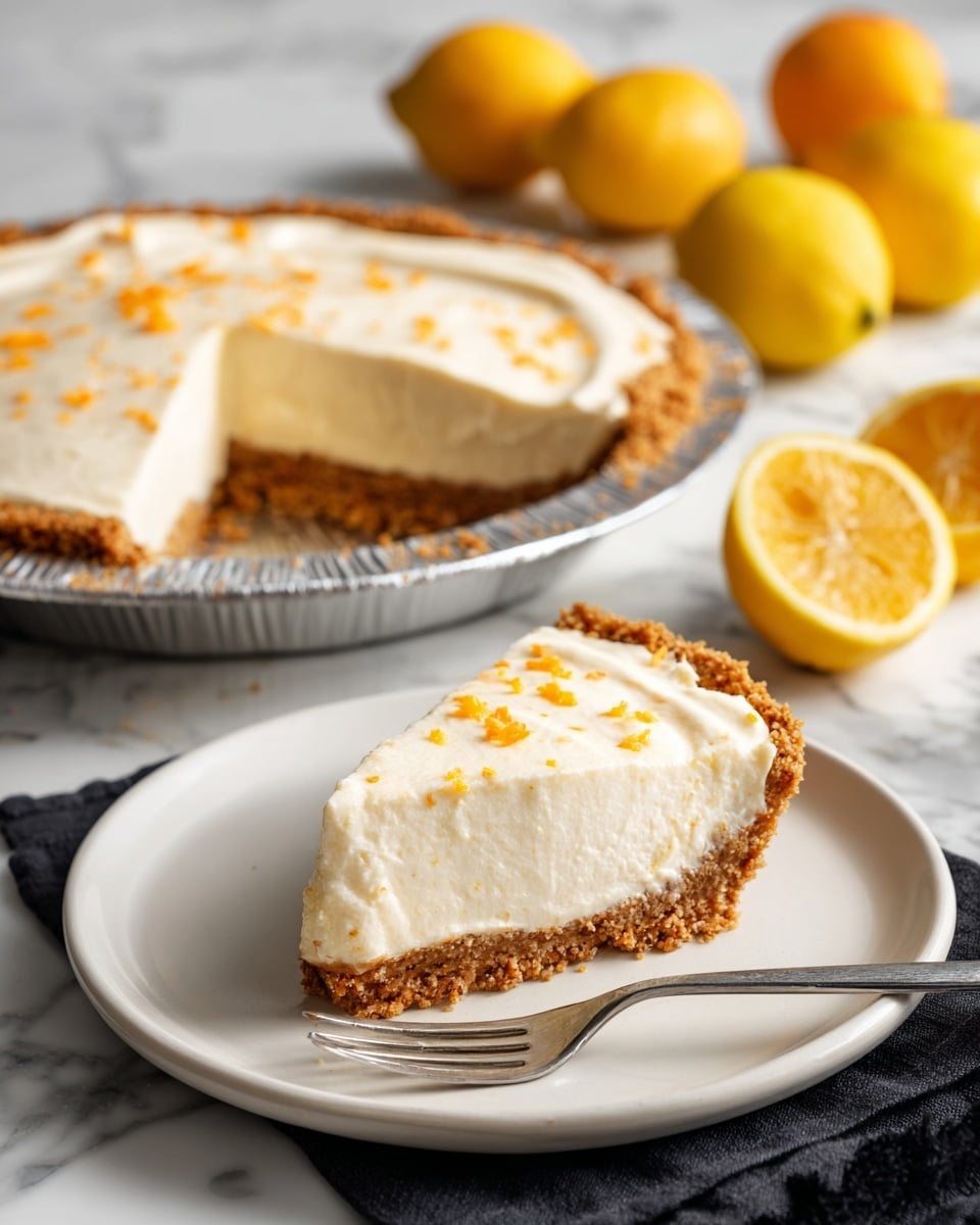 The image shows a creamy pie with two layers: a light brown crumbly crust on the bottom and sides, and a smooth white creamy top layer with small orange zest pieces sprinkled on it. One slice is placed on a white plate next to a silver fork, while the rest of the pie is in a shiny metal pie pan with one slice missing. Two whole yellow lemons and one lemon cut in half are placed nearby on a white marbled surface covered partly with a black cloth. The scene is well-lit, emphasizing the textures of the crust and creamy filling, giving a fresh and inviting look. photo taken with an iphone --ar 4:5 --v 7