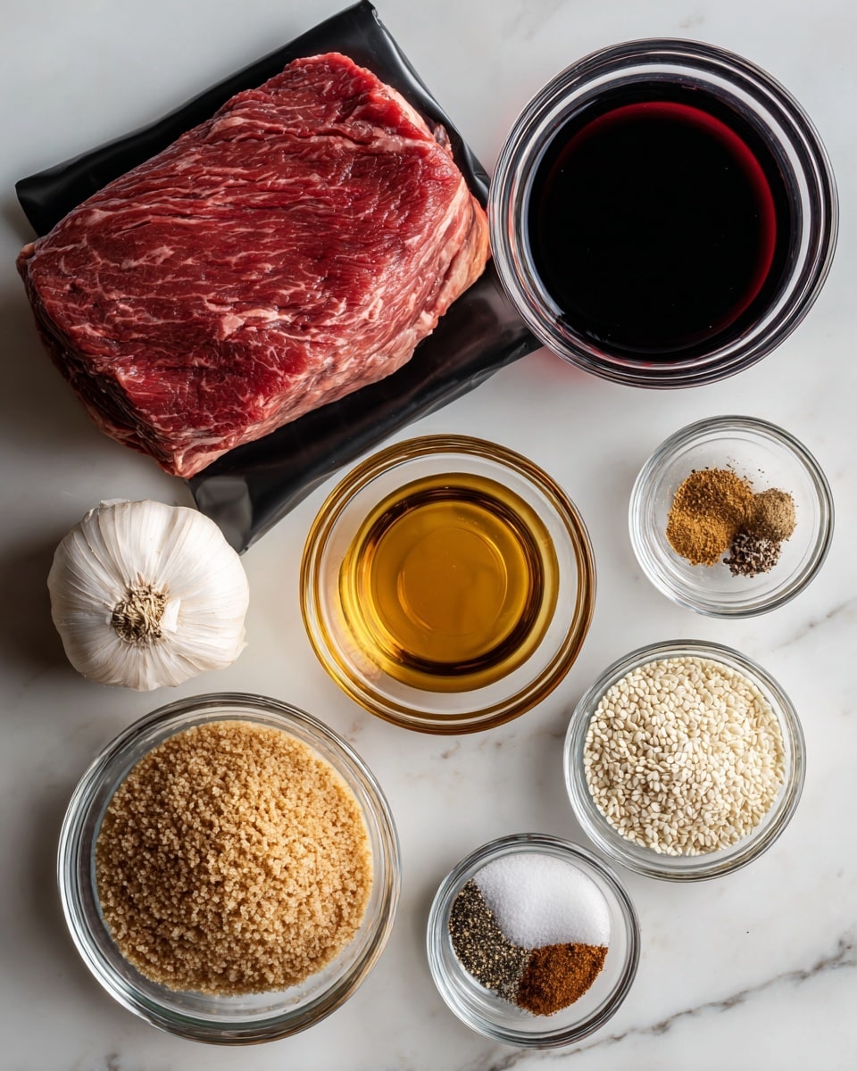 A top-down view of several ingredients laid out on a white marbled surface, including a large raw flank steak in black vacuum packaging positioned top left, a clear glass bowl filled with dark tamari or soy sauce near the top right, and another clear glass bowl with deep red wine below it, to the right center. In the middle, a small clear glass bowl contains amber sesame oil. Below this, a larger clear glass bowl holds light brown sugar with a crumbly texture. At the bottom right, a small bowl of white sesame seeds is visible. Left of the brown sugar, there is a clear glass bowl with black pepper and ginger powder, both in small piles. A white whole garlic bulb is placed toward the bottom left. Each item is spaced evenly on the smooth white marbled background. Photo taken with an iphone --ar 4:5 --v 7