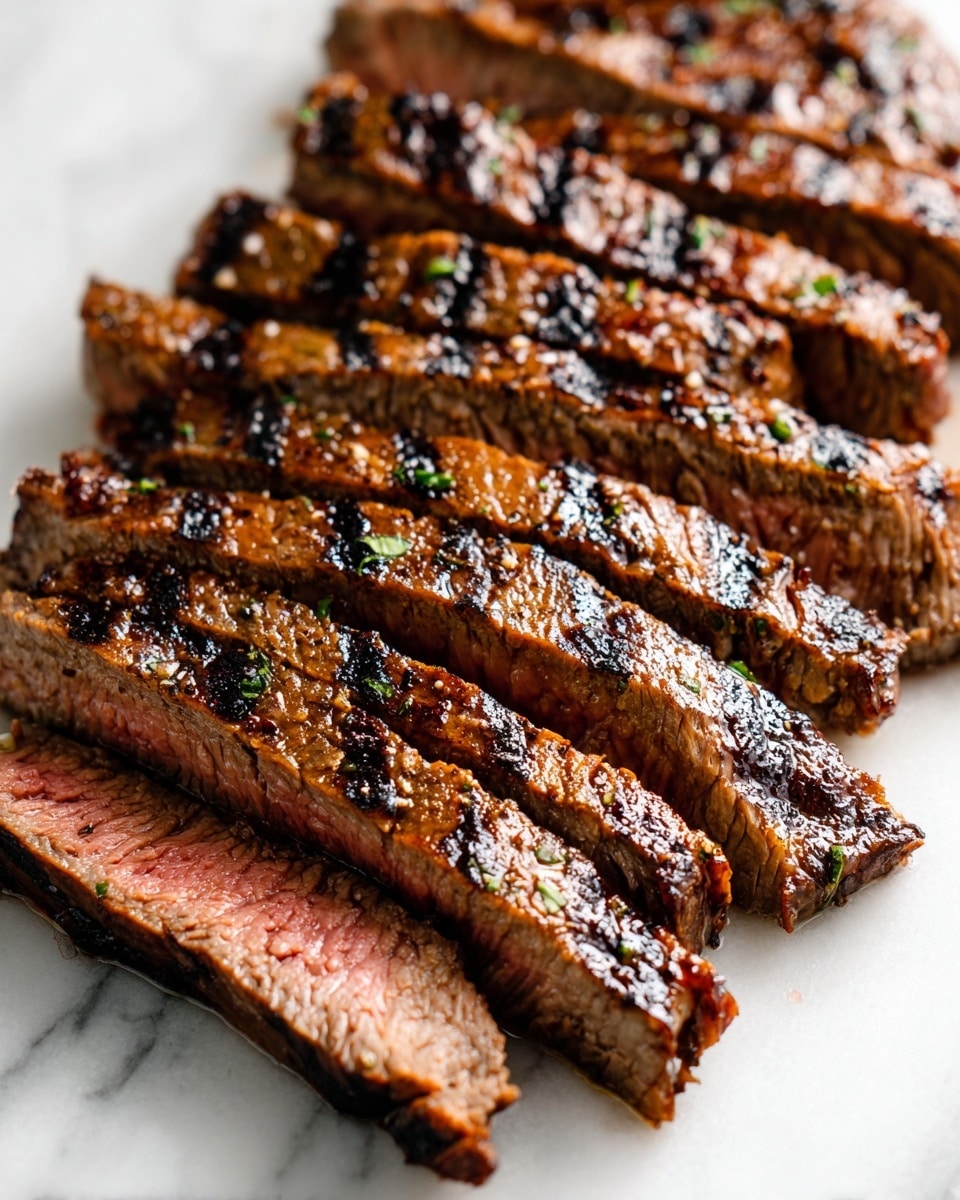 The image shows a close-up of a sliced grilled steak arranged in a slightly fanned pattern on a white plate with a white marbled surface underneath. The steak has a dark brown, crispy outer layer with prominent black grill marks running across it horizontally. Each slice reveals a tender inside with a pink center, transitioning to a light brown outer edge. The steak slices are thick and juicy, with some small white sesame seeds scattered on top, adding texture contrast. Near the top right corner, a soft, off-white textured item is slightly visible. Photo taken with an iphone --ar 4:5 --v 7