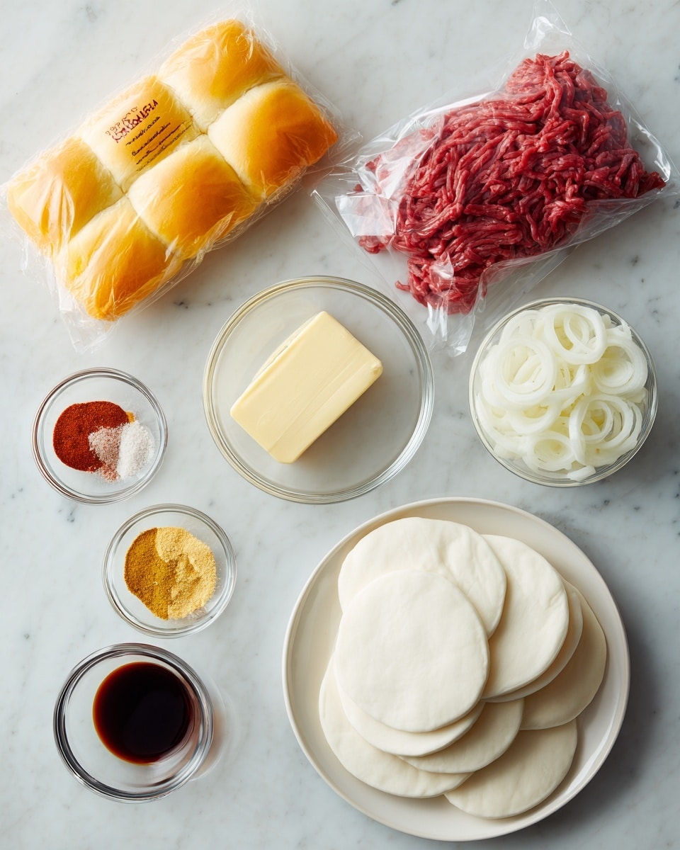 The image shows ingredients arranged neatly on a white marbled surface: a bright orange package of Hawaiian sweet rolls in the top left corner, a clear plastic pack of red shaved beef on the top right, a small glass bowl with white sliced onions below the beef, a block of pale yellow butter in the center, a small clear bowl with two layers of powdered spices—light yellow garlic powder on top and red paprika below it, a small clear bowl with dark Worcestershire sauce to the right, and a stack of smooth, round, white provolone slices on a white plate in the bottom left. Each ingredient contrasts clearly with the clean background, giving a fresh and organized look photo taken with an iphone --ar 4:5 --v 7