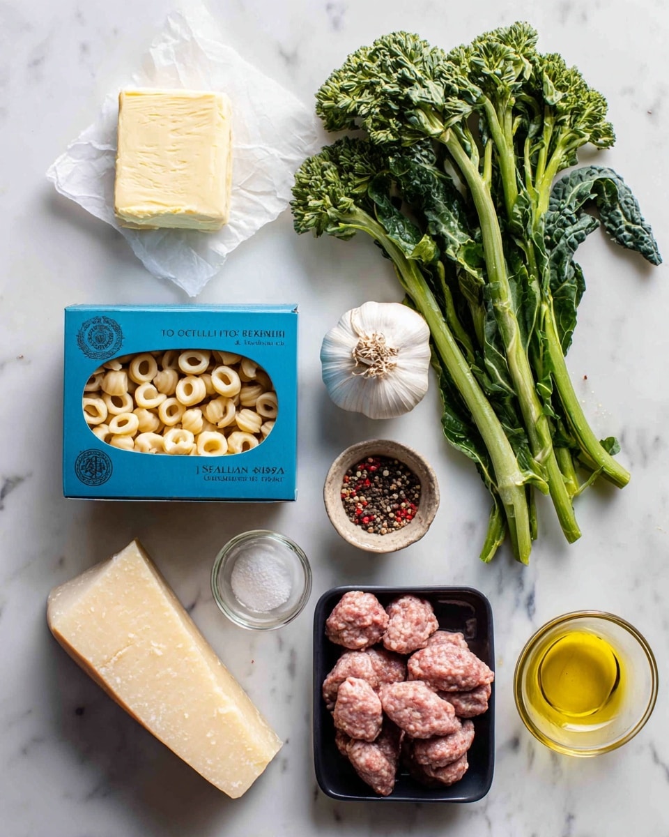 The image shows an arrangement of cooking ingredients on a white marbled surface. From top left, there is a block of salted butter in pale yellow color wrapped in paper, followed by a whole bulb of white garlic, and a bunch of dark green broccoli rabe with thick stems and leafy tops. Below the butter is a bright blue box of Orecchiette pasta with a small window showing the small, round, light beige pasta inside. To the right, there is a black tray holding fresh Italian sweet ground pork sausage in a pinkish-red color with visible fat. At the bottom left is a wedge of hard, pale yellow Parmesan cheese with a rough textured rind. Near the center, a small clear glass bowl holds coarse salt, black peppercorns, and red pepper flakes. To its right, there is a small clear glass cup filled with golden yellow olive oil. All items are spaced out neatly with labeled text identifying each ingredient. photo taken with an iphone --ar 4:5 --v 7