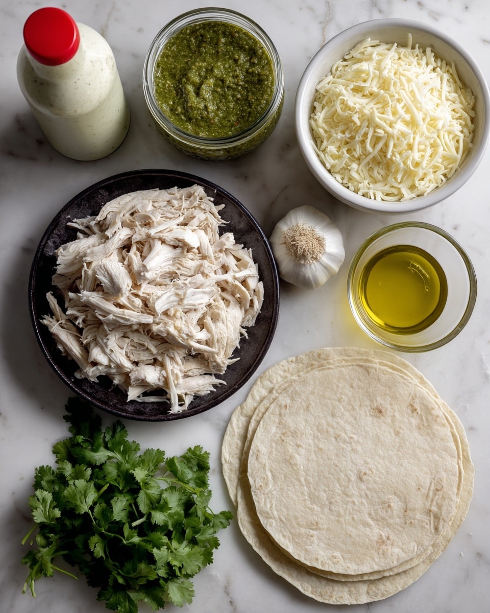 The image shows a white marbled surface with several ingredients neatly arranged: a bottle of Mexican crema cream with a red cap on the upper left, a jar of green salsa verde lying on its side to the right of the crema, and a white bowl filled with pale yellow shredded cheese at the top right. Below these are fresh green cilantro leaves toward the middle right, a small clear glass bowl with light yellow oil in the center, and a whole white garlic bulb beneath it. To the left, there is a black plate filled with white shredded cooked chicken. At the bottom right, there is a stack of white corn tortillas. Each item is spaced apart clearly, showing its color and texture against the white marbled background photo taken with an iphone --ar 4:5 --v 7