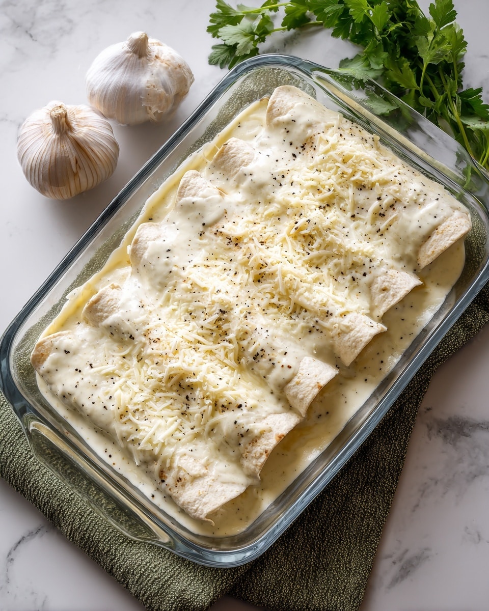 A clear glass baking dish holds five rolled enchiladas lined up side by side. Each enchilada is covered in a creamy, pale yellow sauce speckled with black pepper and topped with a generous amount of melted shredded cheese, adding a soft texture over the sauce. The sauce and cheese layer is thick and creamy, partially soaking into the edges of the white tortillas beneath. The dish sits on a green striped cloth on a white marbled surface, with a whole garlic bulb and some green cilantro leaves placed nearby. Photo taken with an iphone --ar 4:5 --v 7
