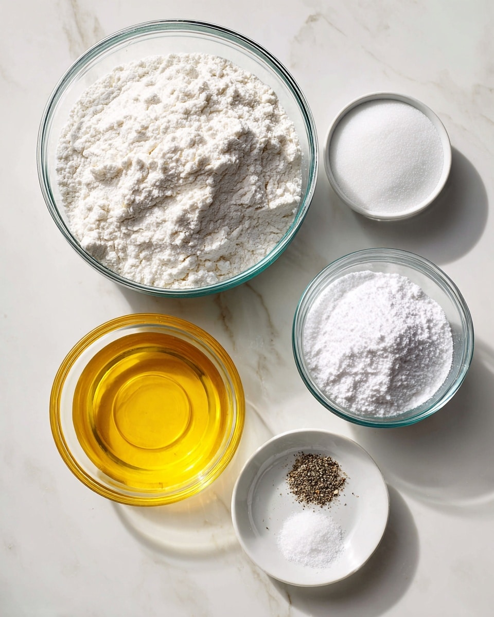 The image shows five clear glass bowls arranged on a white marbled surface. The largest bowl, positioned in the top left, is filled with white flour that has a slightly clumped texture. To its right is a medium bowl containing fine white sugar with a smooth surface. Below the flour bowl on the left is another medium bowl filled with golden yellow oil, smooth and shiny. Two small bowls are at the bottom right; one holds white powdery baking soda or baking powder, and the other has equal parts of salt and black pepper, side by side. The whole image is bright with natural light and a clean look, photo taken with an iphone --ar 4:5 --v 7