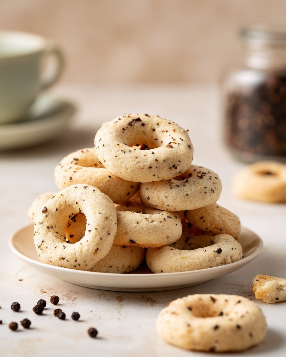 A white plate filled with about ten baked taralli, Italian pepper cookies, arranged in a loose pile with one cookie placed slightly in front on a white marbled surface. The cookies are round with a small hole in the center, light golden-brown in color with a slightly cracked texture and small dark specks of black pepper visible throughout. Around the plate, a few whole black peppercorns are scattered across the surface. A blurry spice jar is seen in the background, adding depth to the image. The scene is bright and clean, highlighting the rustic and simple look of the cookies. photo taken with an iphone --ar 4:5 --v 7