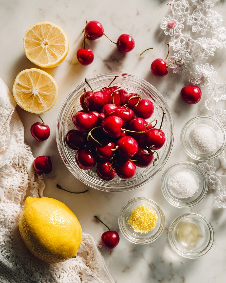 A clear bowl filled with bright red cherries with green stems is in the center, with some cherries scattered around it on a wooden table. To the left, two lemon slices rest on the table, and a whole bright yellow lemon sits nearby. On the right side, there are five small clear glass bowls arranged in a vertical line on a white marbled surface, containing white sugar, powdered sugar, finely grated yellow lemon zest, a light liquid, and a clear liquid. Near the top right corner is a delicate white lace cloth with two cherries on it. The photo taken with an iphone --ar 4:5 --v 7