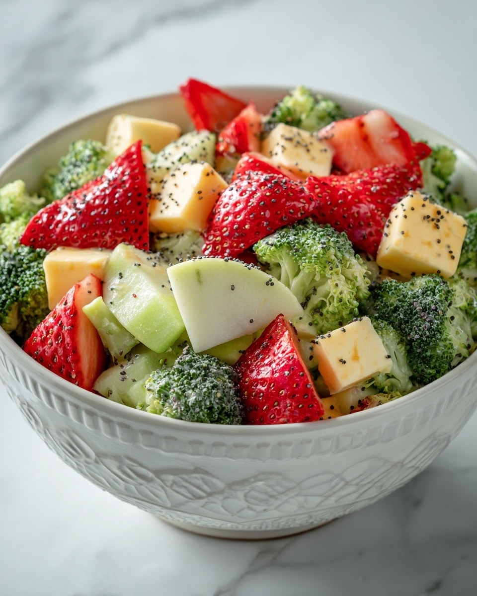 A colorful salad in a white bowl with fine patterns on the edge sits on a white marbled surface. The salad has several layers with bright green broccoli florets, light yellow cubes of cheese, red strawberry slices, and thin slices of green apple. The ingredients are mixed with a creamy sauce and sprinkled with small black seeds and almond slices, creating a fresh and vibrant look. The colors stand out well against the white bowl and the white marbled background photo taken with an iphone --ar 4:5 --v 7