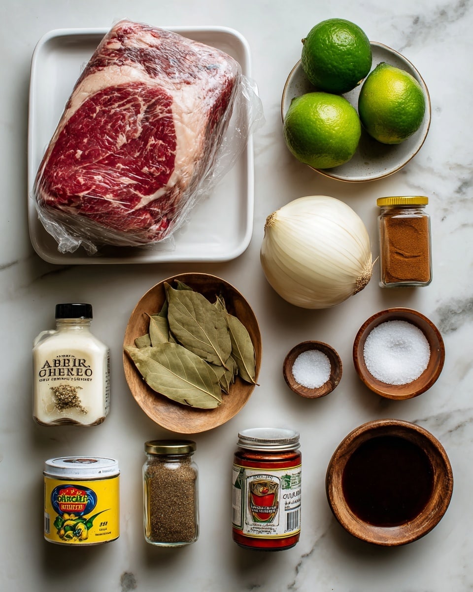 The image shows a top-down view of ingredients on a white marbled surface with distinct layers and colors. On the left side, there is a large raw chuck roast with red and white marbling wrapped in plastic, placed on a white tray. To the roast’s right, there are two bright green limes stacked vertically above a whole white onion. Below them, a cluster of fresh light brown bay leaves lies next to two small wooden bowls, one filled with white salt and the other with black pepper. A small yellow can of hatch chiles is next to a small red and silver can of chipotles in adobo. Below the cans are three spice jars labeled oregano (green mix), paprika (bright red powder), and cumin (light brown powder) arranged horizontally. On the far left, a transparent bottle with apple cider vinegar stands next to a white carton of beef broth with colorful text. A whole white bulb of garlic sits near a white bowl filled with thick, dark molasses near the center. The overall arrangement is neat and clear with each item easily visible. photo taken with an iphone --ar 4:5 --v 7