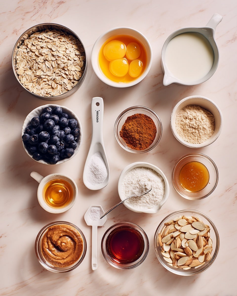 The image shows ingredients for blueberry baked oatmeal arranged neatly on a white marbled surface. At the top left is a round silver container filled with light beige rolled oats, and to its right is another round silver container filled with white milk. Below these, a white bowl holds beaten eggs with a bright yellow-orange color. To the left is a white measuring cup filled with smooth almond butter that is reddish-brown. Below that, a white spoon with white baking powder is placed next to a small white measuring spoon with salt. Toward the center is a small clear glass bowl filled with reddish-brown cinnamon. To the right is a white bowl with light brown applesauce. Below these, several ingredients are placed in clear glass containers: a small cup with amber maple syrup and another with light golden vanilla. To the bottom left, a silver measuring cup holds dark blue blueberries, and next to it is a small white bowl filled with sliced almonds showing beige with dark edges. A pale pink rectangle label at the bottom right reads