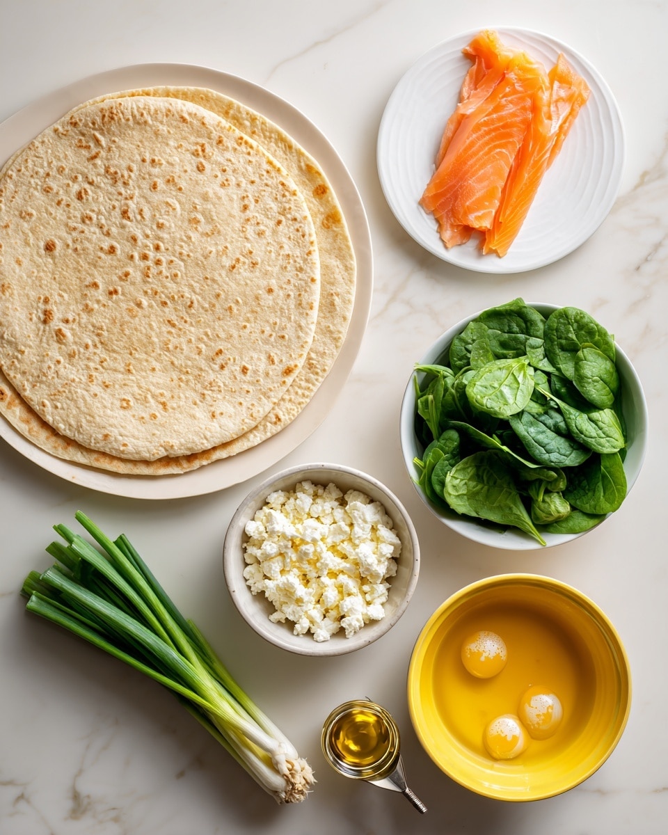 The image shows ingredients for a healthy wrap arranged on a white marbled surface. On the left side is a large round tortilla with a light brown, slightly textured surface. Above the tortilla, on a small white plate, lies a thin layer of orange-pink smoked salmon with a smooth texture. To the right, a bright yellow bowl holds clear egg whites with a few bubbles reflected on its surface. Next to it, a small white bowl is filled with fresh, dark green baby spinach leaves. Above the spinach, a bunch of fresh green onions with long, tubular green stalks rests horizontally. A small white bowl filled with crumbly white feta cheese is placed near the green onions, and below it, a metal tablespoon contains a smooth dollop of yellow Dijon mustard. All items are clearly separated and neatly arranged for easy identification. Photo taken with an iphone --ar 4:5 --v 7