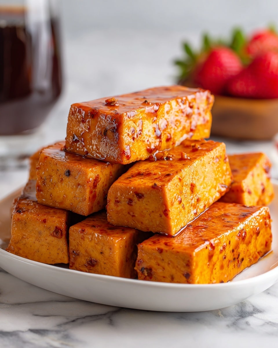 A white plate sits on a white marbled surface holding a stack of nine rectangular pieces of golden-brown tofu evenly layered in three rows, three pieces each. The tofu has a textured, slightly crispy surface glistening with a sticky brown sauce coating. In the blurred background, bright red strawberries and a glass of dark liquid add color to the scene. Photo taken with an iphone --ar 4:5 --v 7