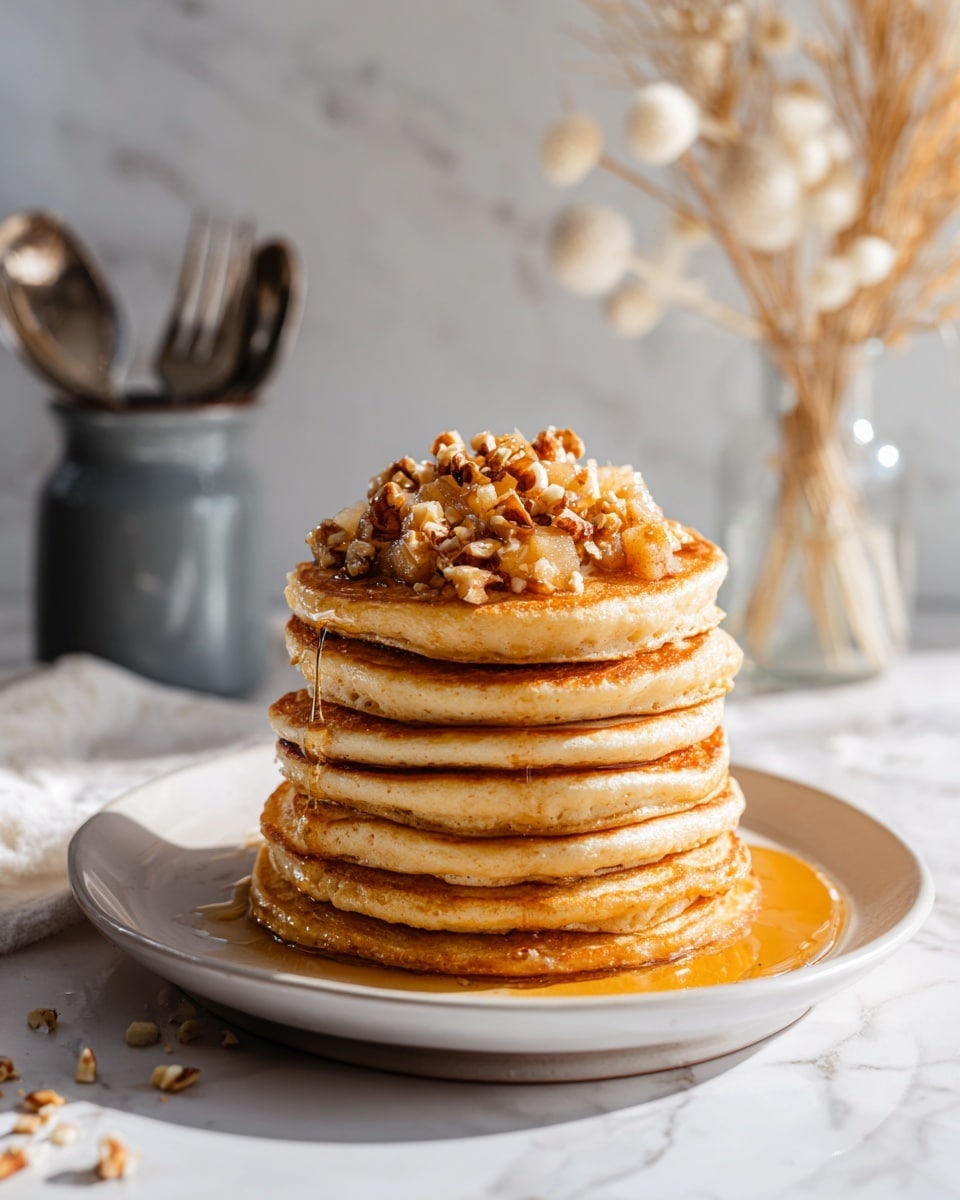 A tall stack of seven golden brown pancakes sits in the center of a white plate on a white marbled surface. On top of the stack is a layer of chopped nuts and small pieces of cooked fruit, likely apples or pears, with a drizzle of syrup that pools around the base and some nuts scattered on the plate. The pancakes appear fluffy with a slightly crisp edge. In the background, there are two ceramic containers holding silver spoons and a glass vase with beige dried plants, all set against a plain white wall. Photo taken with an iphone --ar 4:5 --v 7