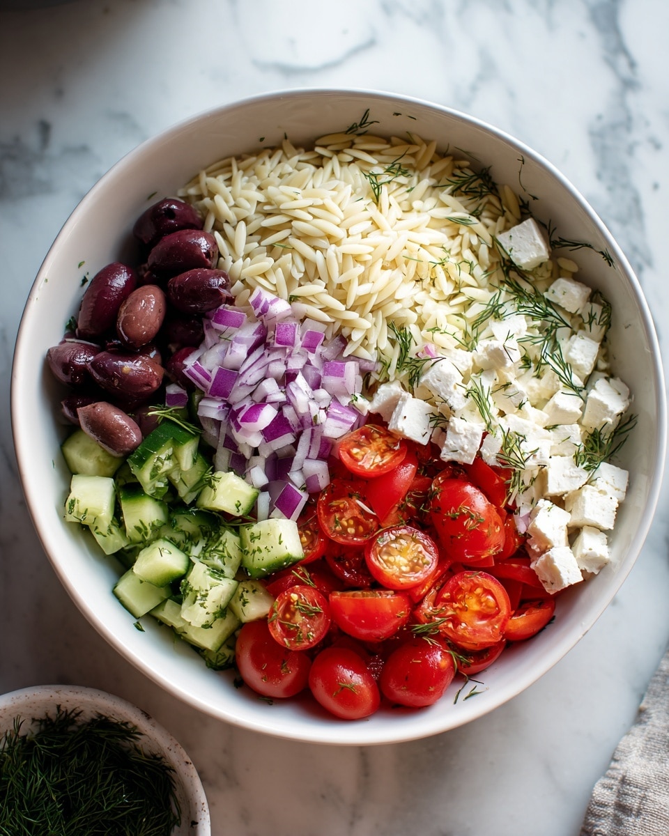 A round white bowl is filled with a fresh salad showing three main layers: the base layer has light, creamy white orzo pasta evenly spread out; the middle layer is a mix of chopped bright green cucumber pieces, dark purple olives, and small cubes of white feta cheese; the top layer includes halved red cherry tomatoes, small pieces of red onion, and green dill sprigs scattered on top, all set against a white marbled surface. photo taken with an iphone --ar 4:5 --v 7