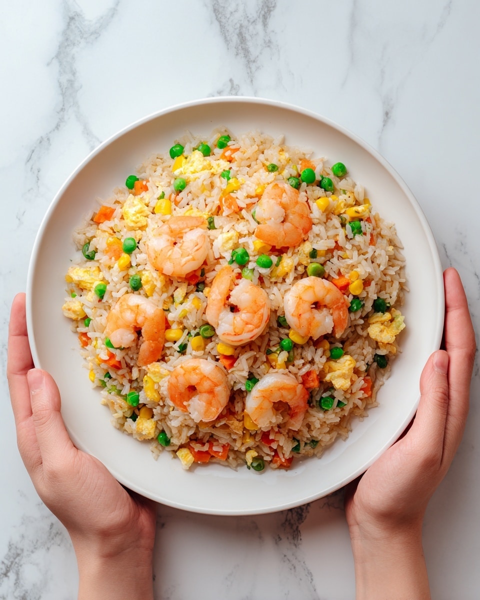 A white round bowl holds a serving of shrimp fried rice. The dish has three main layers: the base layer is light brown fried rice mixed with small diced orange carrots, green peas, and yellow corn, showing a slightly oily texture. The second layer consists of light yellow scrambled egg pieces scattered throughout the rice. On top, seven orange-pink shrimp are evenly placed, curved and slightly shiny, contrasting with the rice. Two woman's hands on each side hold the bowl gently above a white marbled surface. The lighting is natural, showing soft shadows and details. photo taken with an iphone --ar 4:5 --v 7