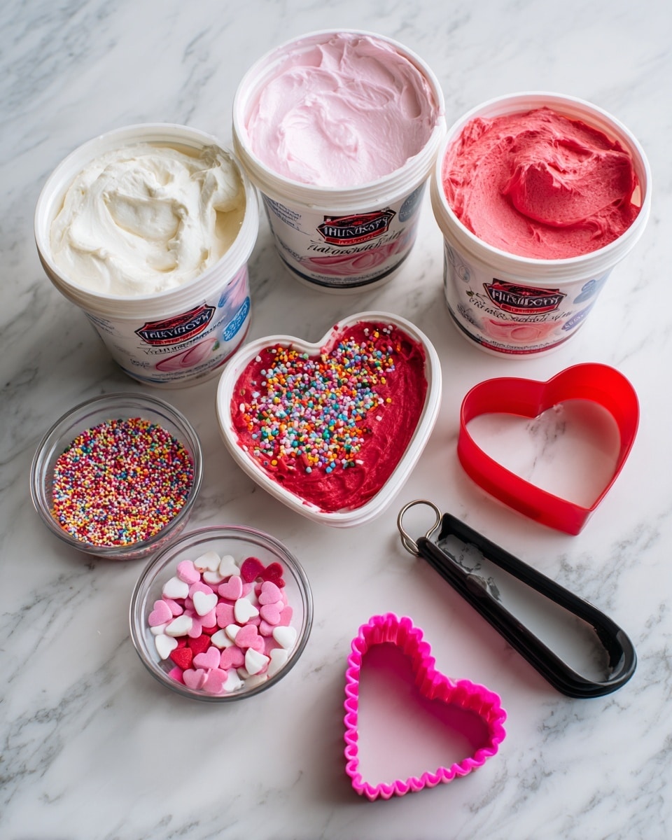 The image shows a collection of baking items arranged on a white marbled surface. There are three tubs of Pillsbury frosting: one white, one hot pink vanilla, and one radiant red vanilla with colorful sprinkles on top. In front of these tubs, there are four small containers of different sprinkles with colors like red, pink, and hearts in various shades of pink and white. To the right, there are three cookie cutters: one simple red heart, one pink scalloped heart, and one black cutter shaped like the letter A. The items are all neatly placed and well-lit, showing different textures and bright colors, photo taken with an iphone --ar 4:5 --v 7