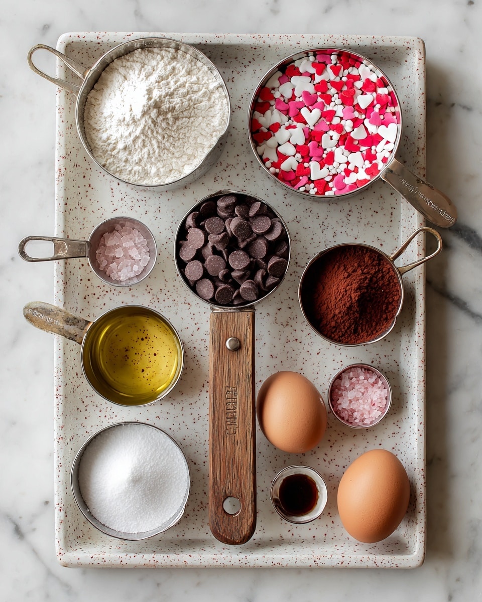 A white speckled tray on a white marbled surface holds several measuring cups and ingredients arranged neatly. At the top left, a metal measuring cup filled with white flour sits next to a metal measuring cup on the top right filled with small heart-shaped sprinkles in red, pink, and white colors. In the center is a measuring cup with a wooden handle full of smooth, dark brown chocolate chips. Below these, from left to right, are a metal cup with light golden oil, a larger cup with white granulated sugar, and another measuring cup with a wooden handle filled with rich, dark brown cocoa powder. Near the bottom, two brown eggs rest side by side. Alongside the eggs are a small metal teaspoon filled with pink salt and a tiny metal cup with dark vanilla extract. The whole scene has soft, natural light. Photo taken with an iphone --ar 4:5 --v 7