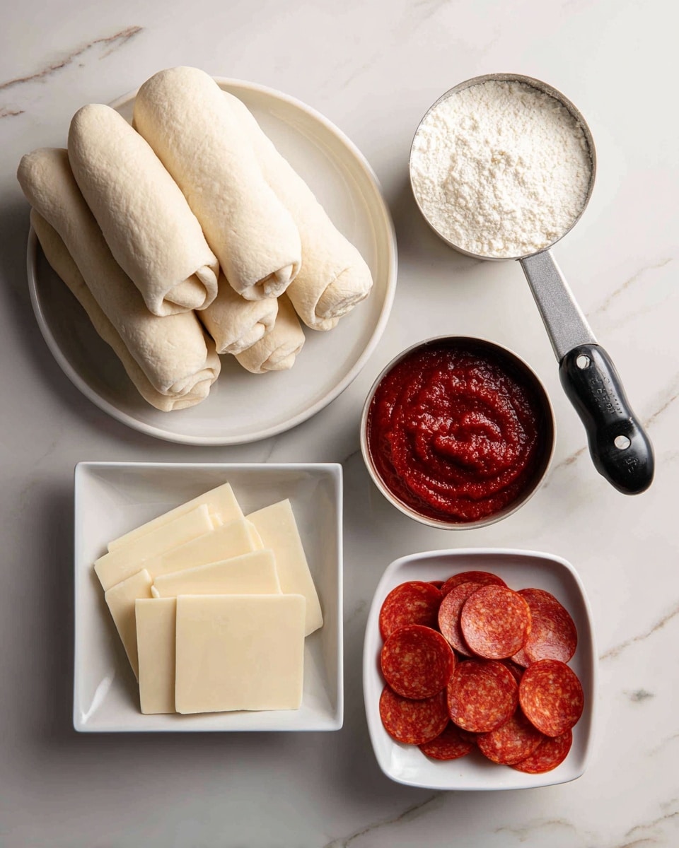 The image shows five food items arranged neatly on a white marbled surface. At the top left, there is a round white plate with several pieces of soft, light beige dough rolled into thick logs stacked in a small pile. To the right, there is a metal measuring cup filled with a white powdery ingredient, possibly flour. Below it, a black measuring spoon contains a thick, deep red paste, likely tomato sauce. To the left of the sauce, a small square white bowl holds several flat, square slices of pale yellow cheese. At the bottom right, another small square white bowl displays a neat pile of round, thin slices of bright red pepperoni with some shiny oily texture. photo taken with an iphone --ar 4:5 --v 7
