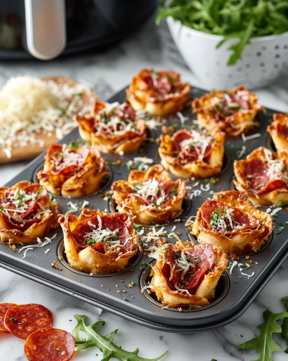 A metal baking tray holds a dozen small rose-shaped snacks. Each snack has two layers: the outer layer is light golden dough, thin and slightly crisp, wrapped in a spiral. Inside is a deep red, glossy pepperoni layer folded to look like flower petals. The tray is sprinkled with fine white cheese and fresh green herbs, scattered around the snacks. The tray sits on a white marbled surface with some loose pepperoni slices and shredded cheese nearby. In the background, there is a black kitchen gadget and blurred containers. photo taken with an iphone --ar 4:5 --v 7