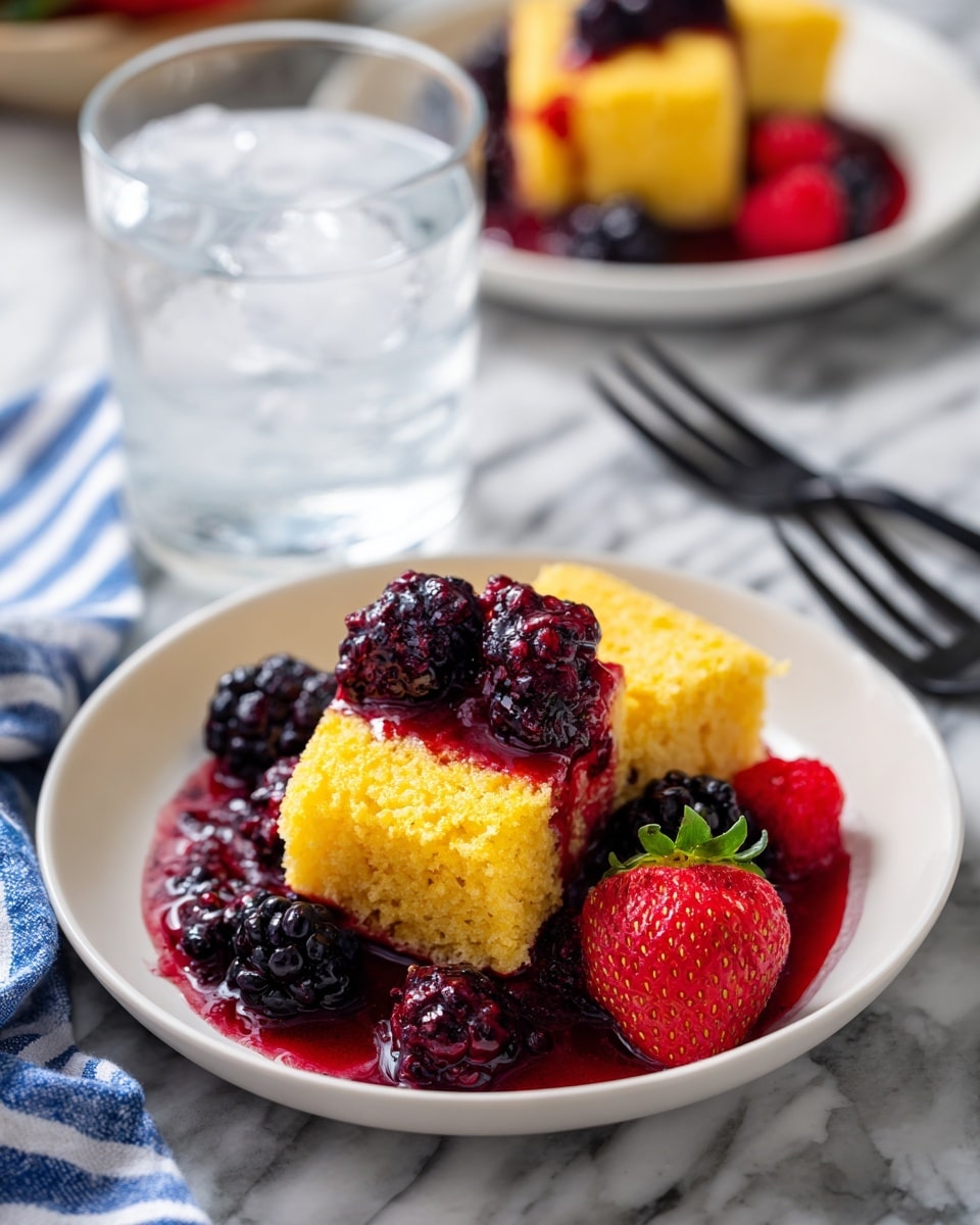The dish shows two pieces of golden-brown biscuit topping with a soft texture, laid on a thick layer of deep red mixed berry compote with visible blackberries and raspberries. The compote looks juicy and shiny, spreading slightly around the biscuit pieces, and fresh whole berries, including bright red strawberries, blackberries, and raspberries, are arranged on the side. The food is served on a clean white plate, placed on a white marbled surface with a striped blue and white cloth in the background. A clear glass filled with ice water is to the right, and a black fork is near the back plate. Photo taken with an iphone --ar 4:5 --v 7