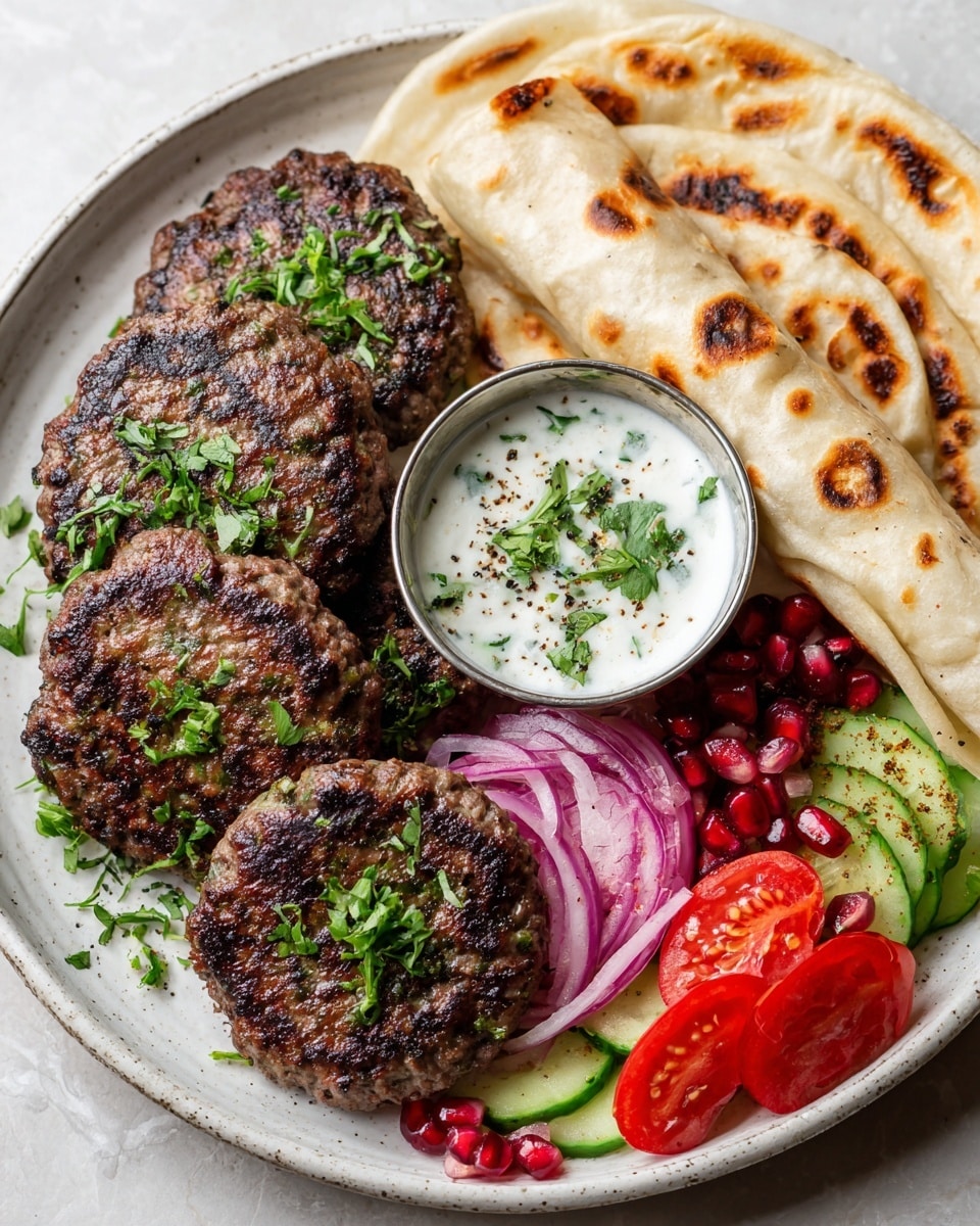 The dish is arranged on a white plate with grilled dark brown meat pieces sprinkled with chopped green herbs on the left side. On the right, there is a soft, rolled light beige flatbread showing some browned spots. In the middle top part, a small metal cup holds a white creamy sauce with green specks. At the bottom right, there is a fresh salad layer with bright red cherry tomato halves, green cucumber slices, thin rings of purple onion, and scattered red pomegranate seeds, all dusted lightly with dark seasoning. The plate sits on a white marbled surface. Photo taken with an iphone --ar 4:5 --v 7