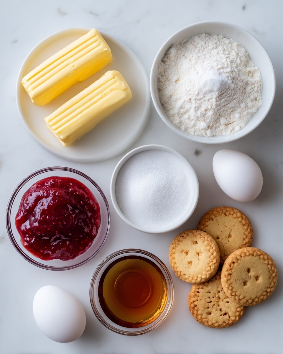 This image shows a white marbled surface with a group of ingredients neatly arranged. There are three yellow butter sticks placed in the top left corner. To their right, there are two white bowls—one filled with white flour and the other with granulated white sugar, both having soft textures. Below them, a small white bowl holds powdered sugar, looking fluffy and white. Next to it is a clear glass bowl containing bright red strawberry jam with a shiny and smooth look. Near the middle bottom, a small bowl contains golden brown vanilla extract, glossy and liquid. Scattered around on the surface are golden round cookies that have small patterns. A single white egg rests between the bowls and cookies, bright and smooth. The whole setup is softly lit with natural light, placed on a clean white marbled background. photo taken with an iphone --ar 4:5 --v 7