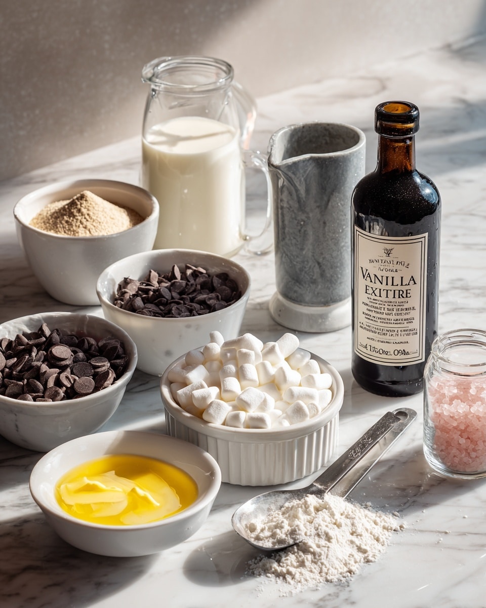 A collection of baking ingredients arranged on a white marbled surface includes seven containers and a bottle. In the front row from left to right: a small white bowl with melted yellow butter, a larger white ramekin full of small white marshmallows, and a clear glass bowl holding white flour with a metal measuring spoon resting beside it. Behind these, from left to right: a white ramekin filled with dark brown chocolate chips, a white bowl with a light brown powder, a small white pitcher of milk, a grayish white marble cup with pink salt, and on the far right stands a dark glass bottle labeled