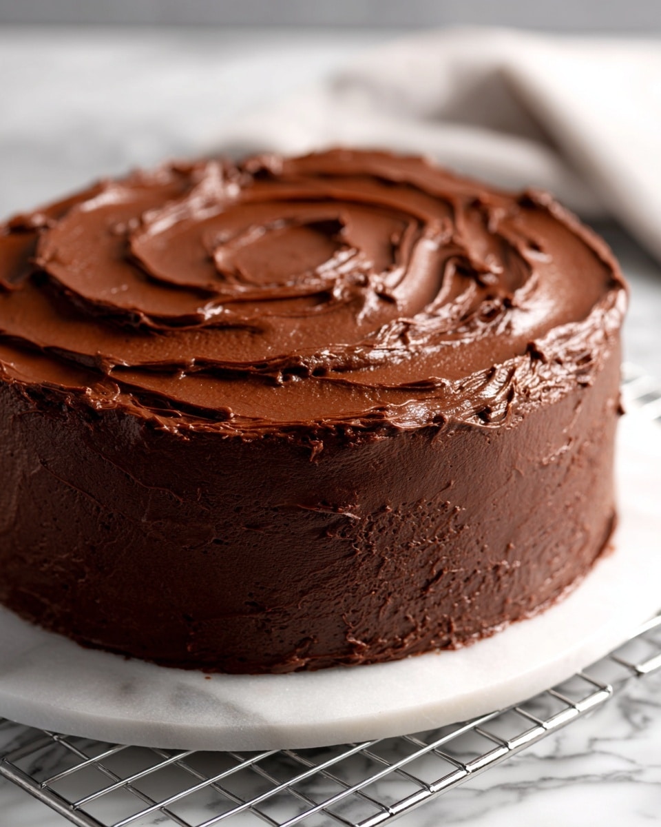 A round chocolate cake with two layers is fully covered in rich, dark brown chocolate frosting. The frosting has a smooth but textured look, with thick swirls and peaks on the top surface and even coverage around the sides. The cake sits on a metal wire rack, placed on a white marbled surface. The lighting makes the chocolate frosting shine slightly, showing its creamy texture and depth. photo taken with an iphone --ar 4:5 --v 7