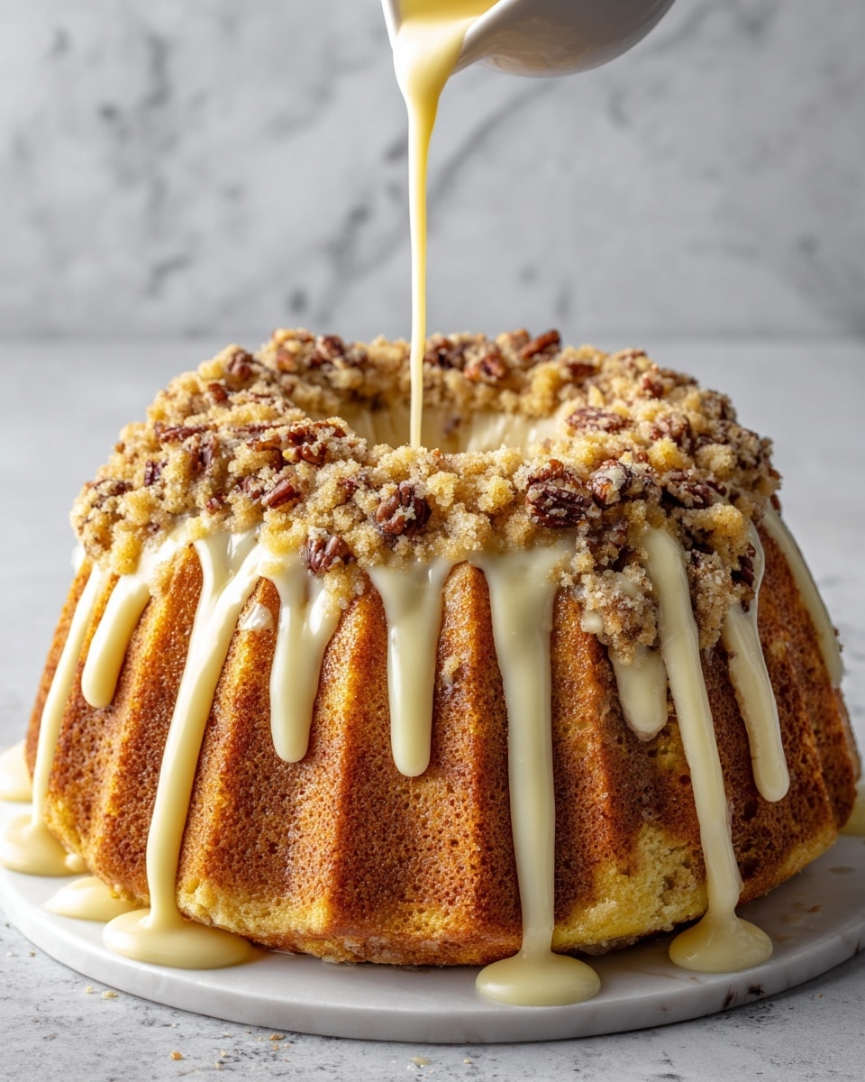 A multi-layered cake with a ring shape, showing tall, golden-yellow sponge layers at the base with a soft texture. On top, there are rich swirls of cinnamon brown spice layers mixed with chunks of orange fruit pieces. A crumbly topping with small, light beige clusters sits on the very top edges. A smooth white icing is being poured over the top, creating thick streams that drip down the sides, adding a shiny contrast to the warm colors of the cake. The background surface is white marbled texture. photo taken with an iphone --ar 4:5 --v 7
