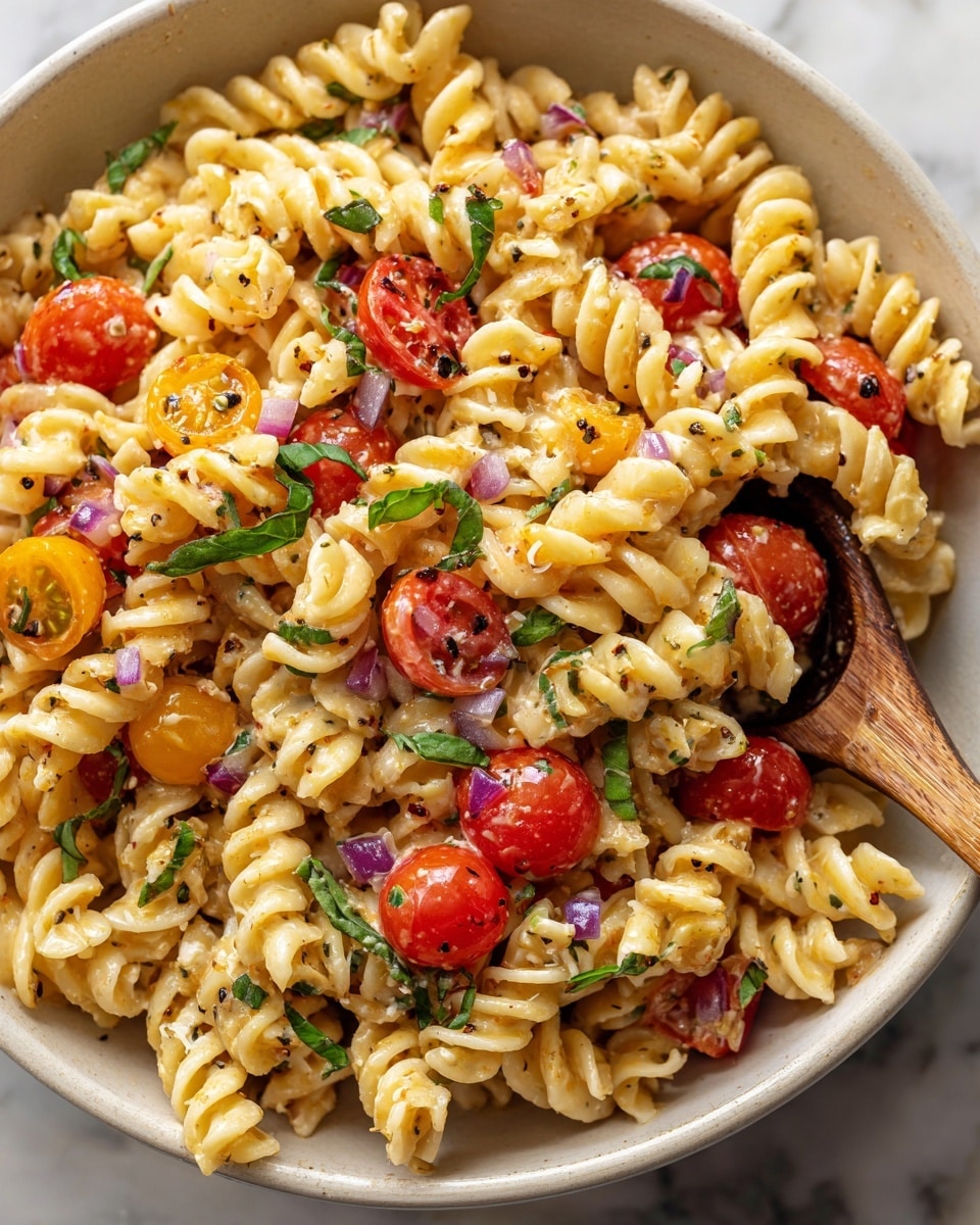 This close-up image shows twisted pasta mixed with creamy white sauce, scattered with bright red cherry tomatoes and small pieces of orange tomatoes. Purple onion slices are mixed in, adding a soft color contrast. Fresh green basil leaves lay on top, adding a fresh touch. A wooden spoon is partly visible, lifting some of the pasta. The whole dish sits on a white marbled surface. photo taken with an iphone --ar 4:5 --v 7