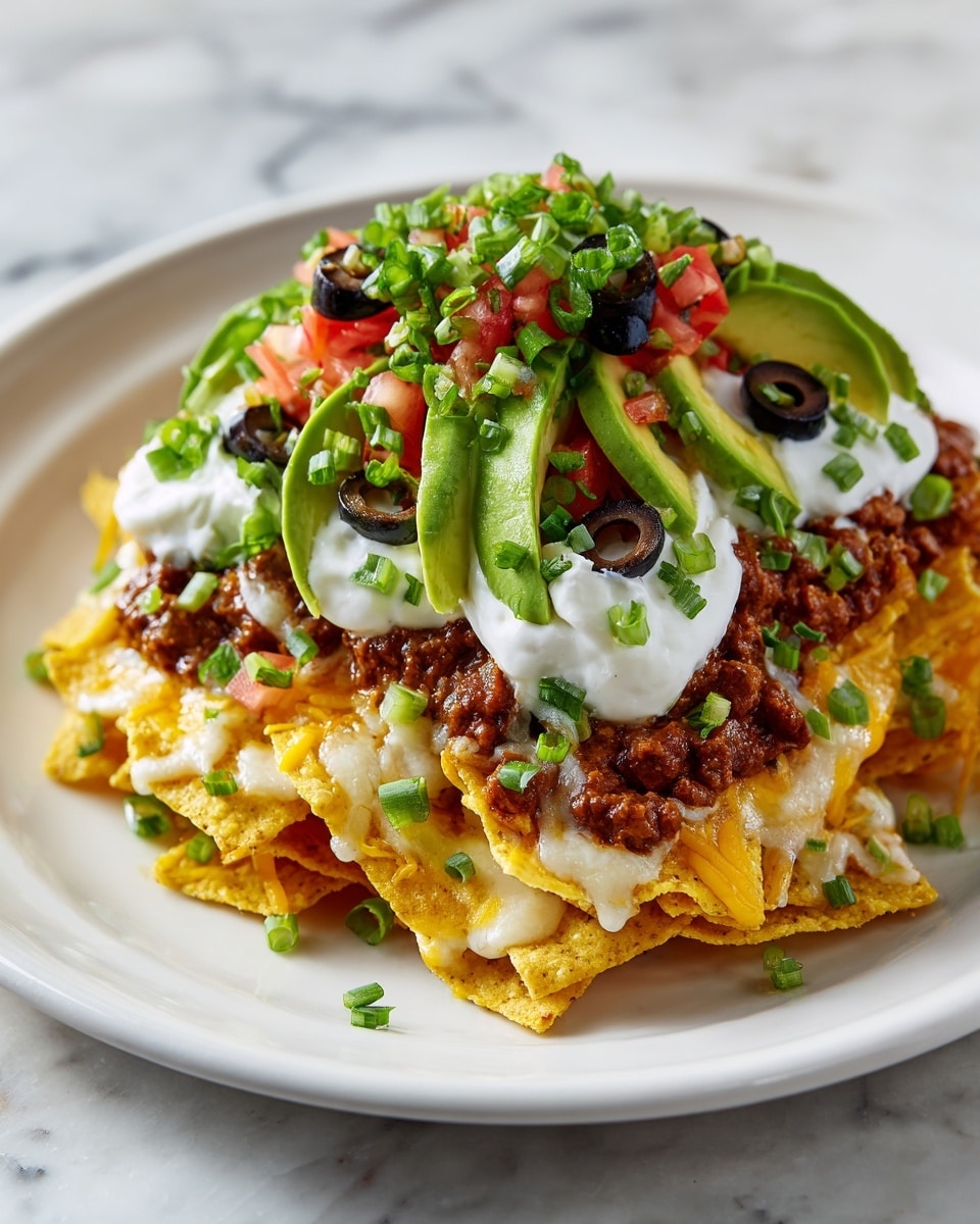 A stack of nachos on a white plate, with three main layers of crispy golden chips covered in melted white cheese and brown beans in between. On top, there are slices of bright green avocado fanned out on one side, dollops of white sour cream scattered around, black sliced olives, small red tomato pieces, and chopped green onions sprinkled all over. The white marbled surface beneath adds a clean look with a few black olive slices scattered nearby. photo taken with an iphone --ar 4:5 --v 7