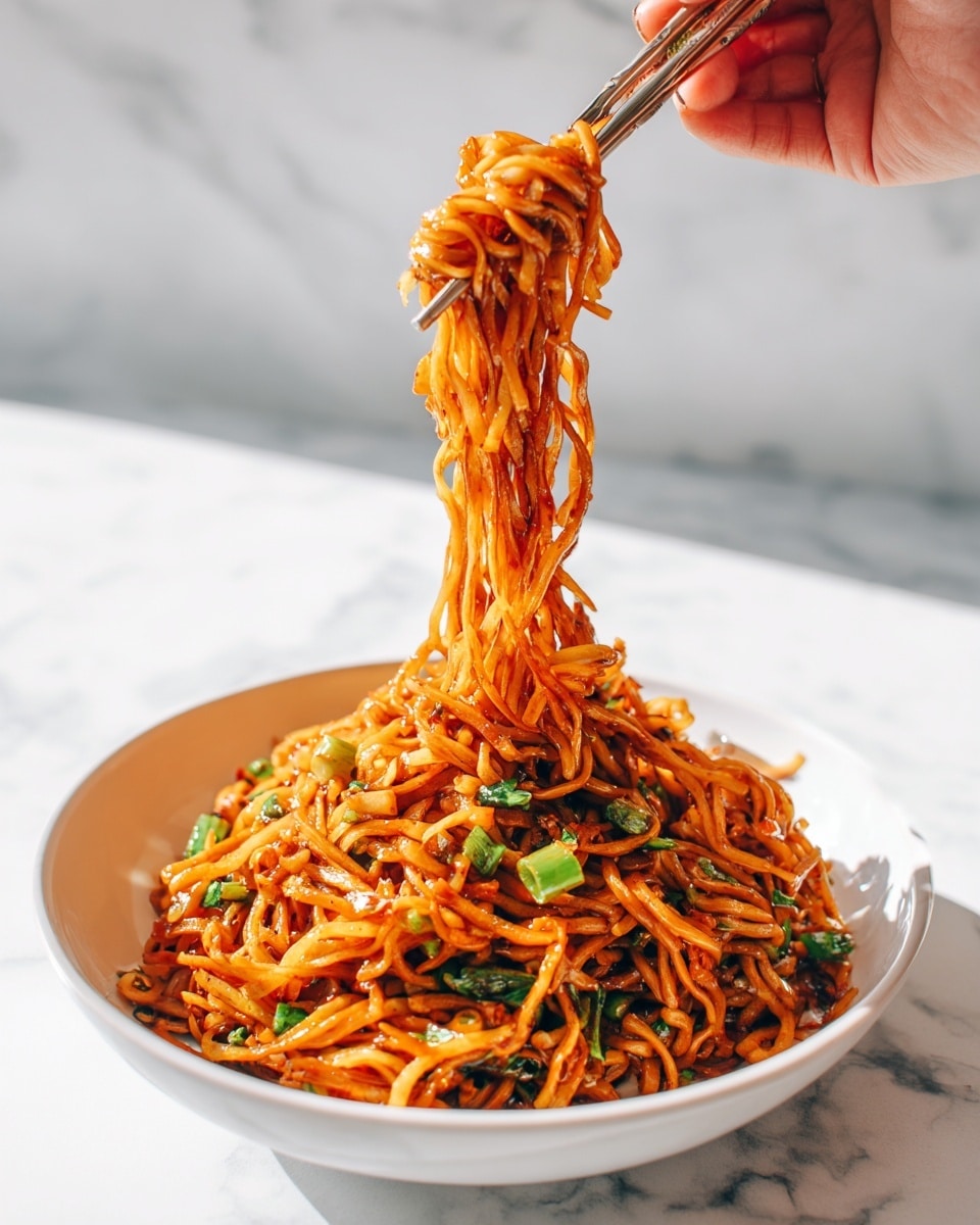 A white bowl holds a serving of thin noodles coated in a reddish-orange sauce, lifted by a pair of metal chopsticks held by a woman's hand. The noodles are long and slightly glossy, mixed with small pieces of green herbs and vegetables scattered throughout. The dish has a glossy, slightly oily texture with visible sesame seeds and bits of green leaves at the bottom layer, all set against a white marbled background. photo taken with an iphone --ar 4:5 --v 7