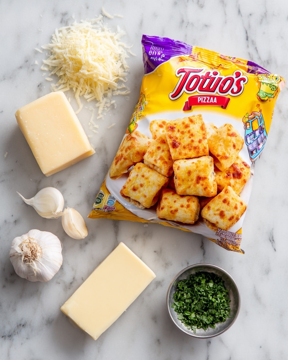 A white marbled surface holds a packet of Totino's pizza rolls, mainly yellow with red and purple details, showing images of golden-brown pizza rolls and a small white wrapper with colorful graphics on the right side. To the left of the packet, there is a small block of hard, pale yellow parmesan cheese with a rough texture at the edges, a small stick of light yellow butter, a few off-white garlic cloves, and a small silver bowl filled with finely chopped green parsley. All ingredients are neatly arranged around the pizza roll packet. photo taken with an iphone --ar 4:5 --v 7