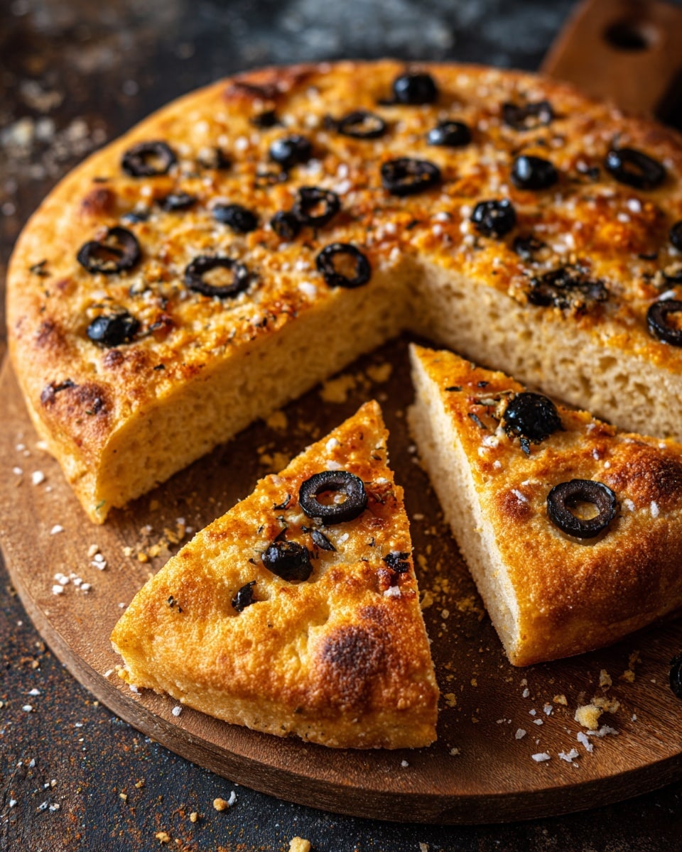 A round, golden brown focaccia bread with a rough, textured surface scattered with melted cheese and black olive slices. The bread is thick with visible air pockets inside, showing a soft inner crumb. The top layer is crispy with browned cheese strands and sprinkled large grains of salt over the surface. One triangular piece has been separated slightly from the main round loaf, revealing the soft interior. The bread sits on a wooden board with a white marbled background. photo taken with an iphone --ar 4:5 --v 7