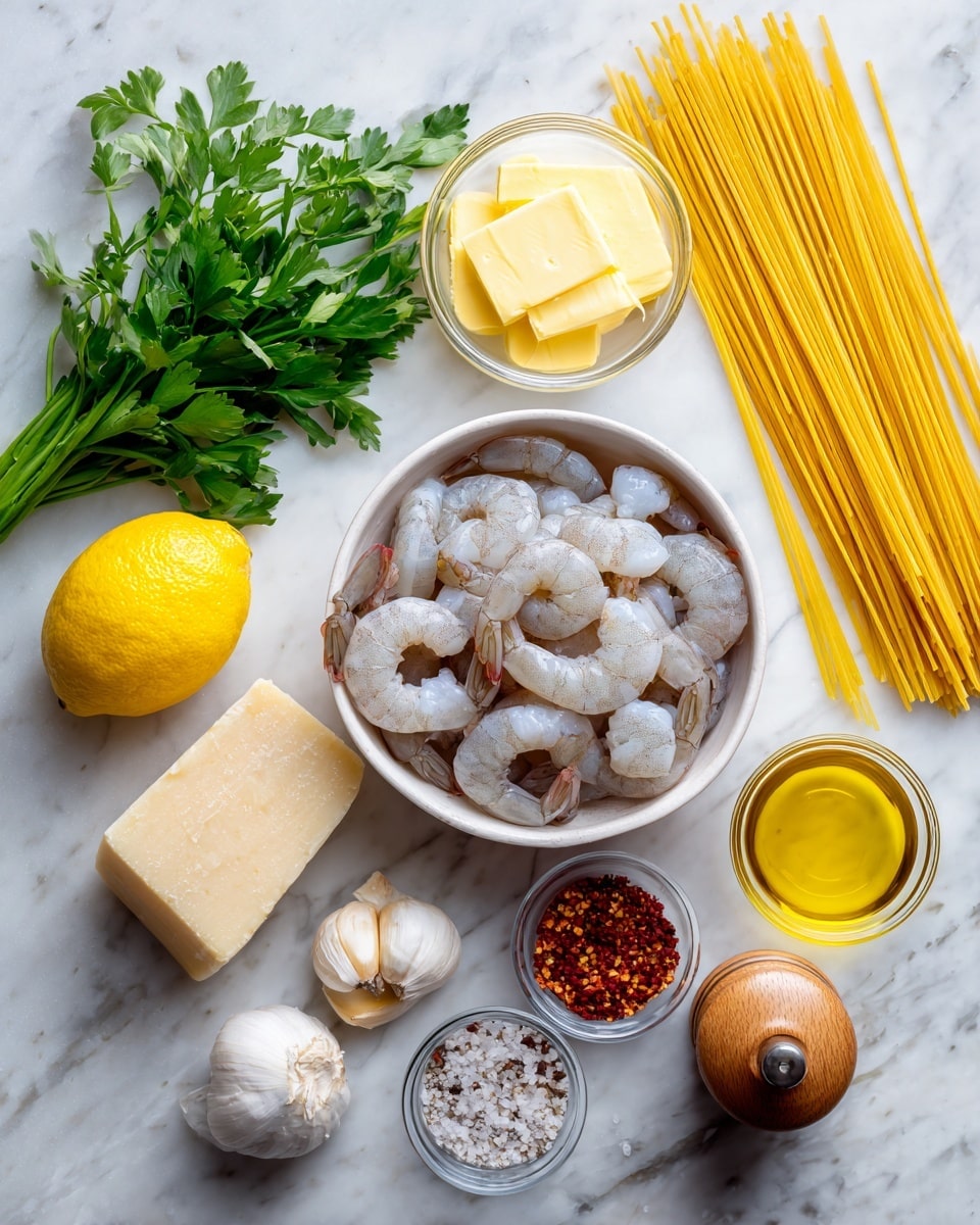 A white bowl filled with raw shrimp sits near the center on a white marbled surface. To the left, a bunch of green parsley leaves rests next to a whole yellow lemon and a small block of pale parmesan cheese. Next to these is a bundle of long uncooked pasta strands. Above the bowl of shrimp is a small clear bowl holding a yellow butter block, beside it to the right is a small clear container filled with golden olive oil. Below the butter and olive oil are a whole garlic bulb and a small clear bowl with red crushed pepper flakes. To the right of the garlic is a wooden pepper grinder and a small clear bowl filled with white salt and pepper. All items are evenly spaced on the white marbled surface. Photo taken with an iphone --ar 4:5 --v 7